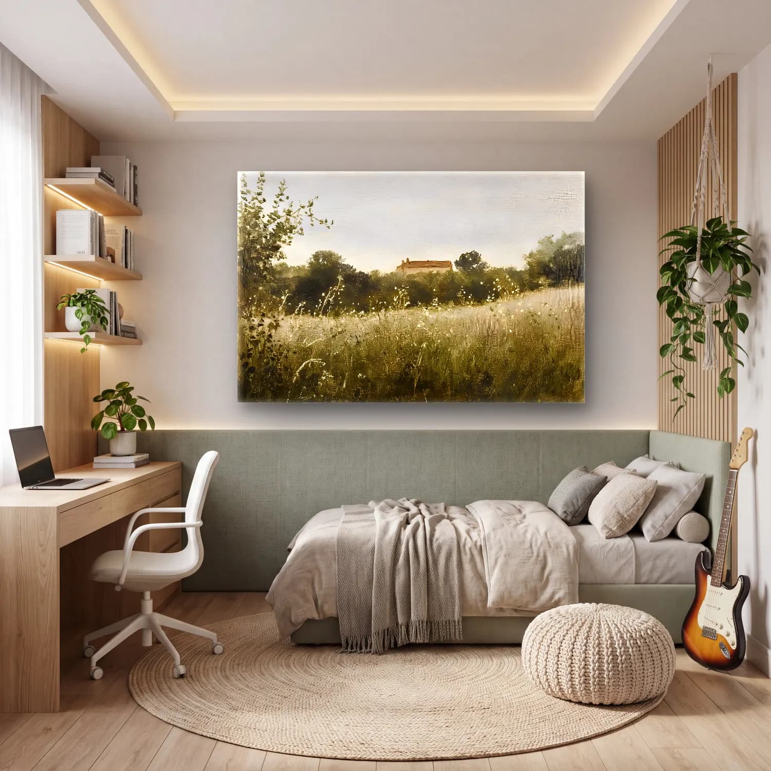 Suluboya Kır Evi No. 13 cam tablo — genç odasında