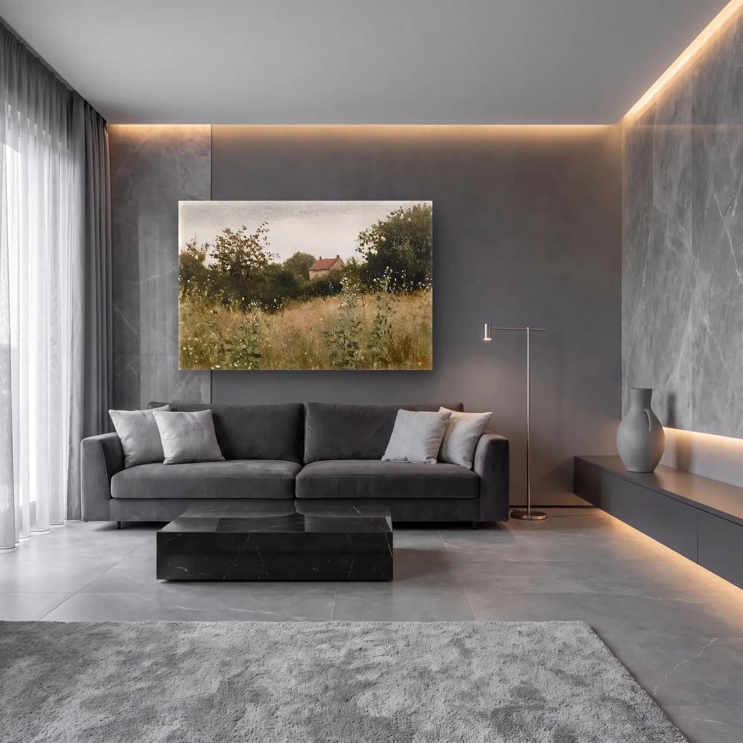Yağlı Boya Kır Evi No. 32 cam tablo — lüks salon duvarında