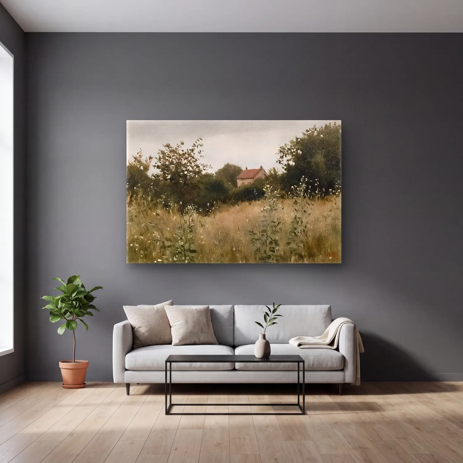 Yağlı Boya Kır Evi No. 32 cam tablo — gri duvarlı salonda