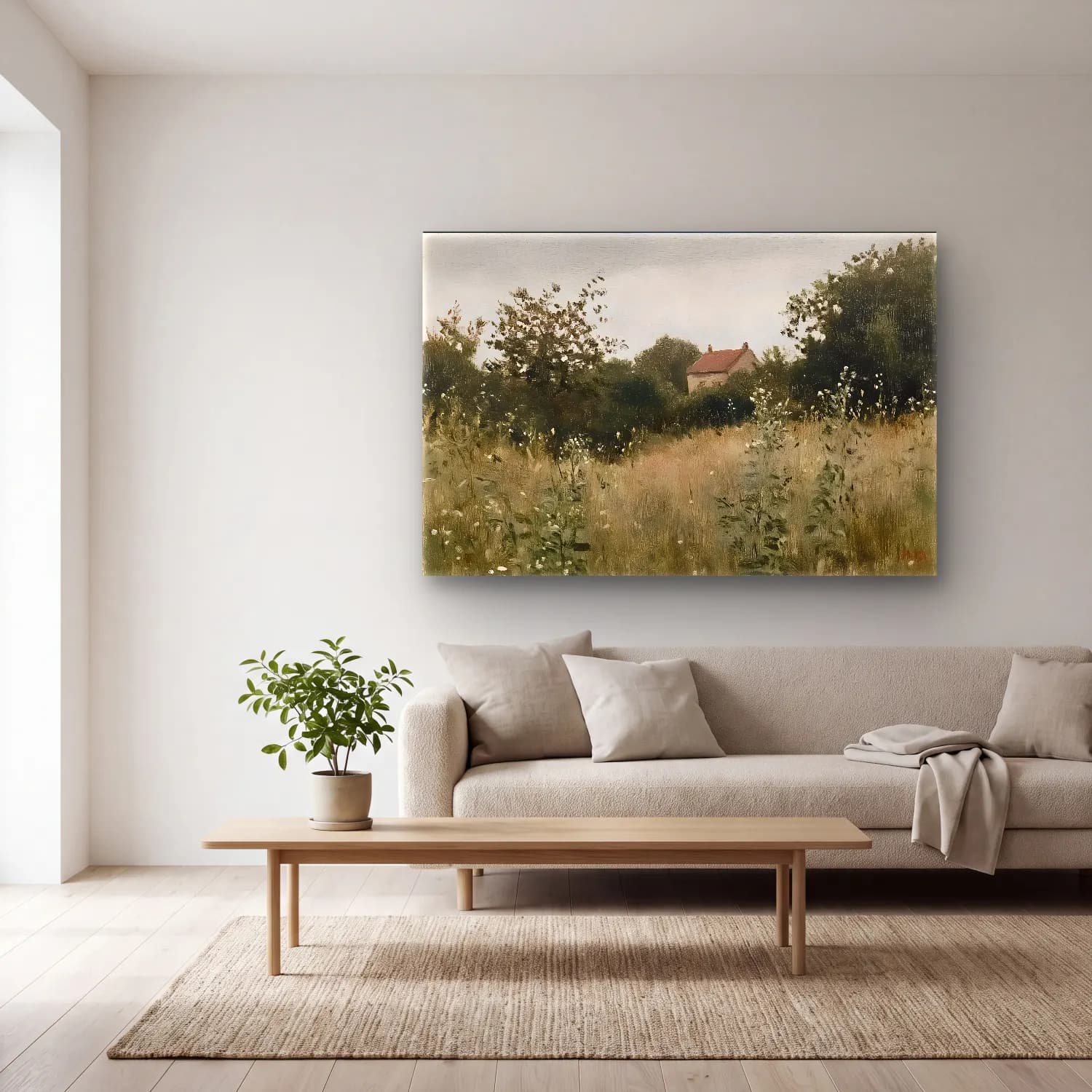 Yağlı Boya Kır Evi No. 32 cam tablo — açık renk salonda