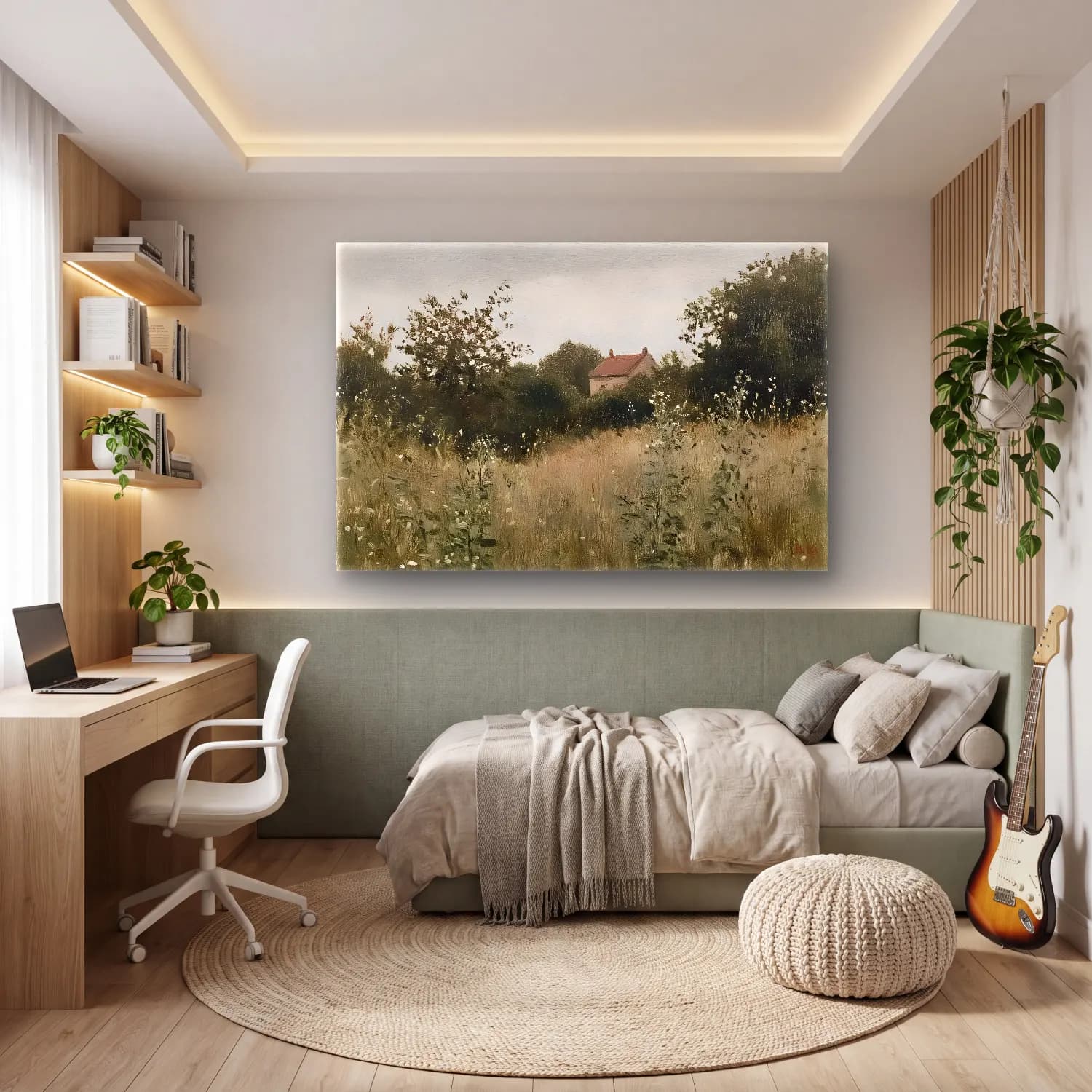 Yağlı Boya Kır Evi No. 32 cam tablo — genç odasında