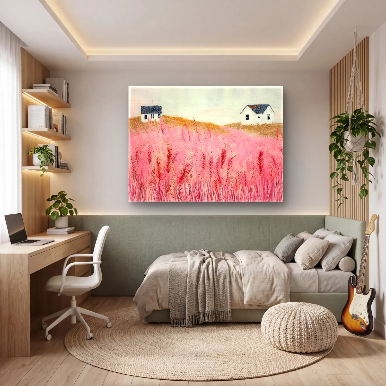 Pastel Buğday Tarlası – Pembe Tonlar cam tablo — genç odasında