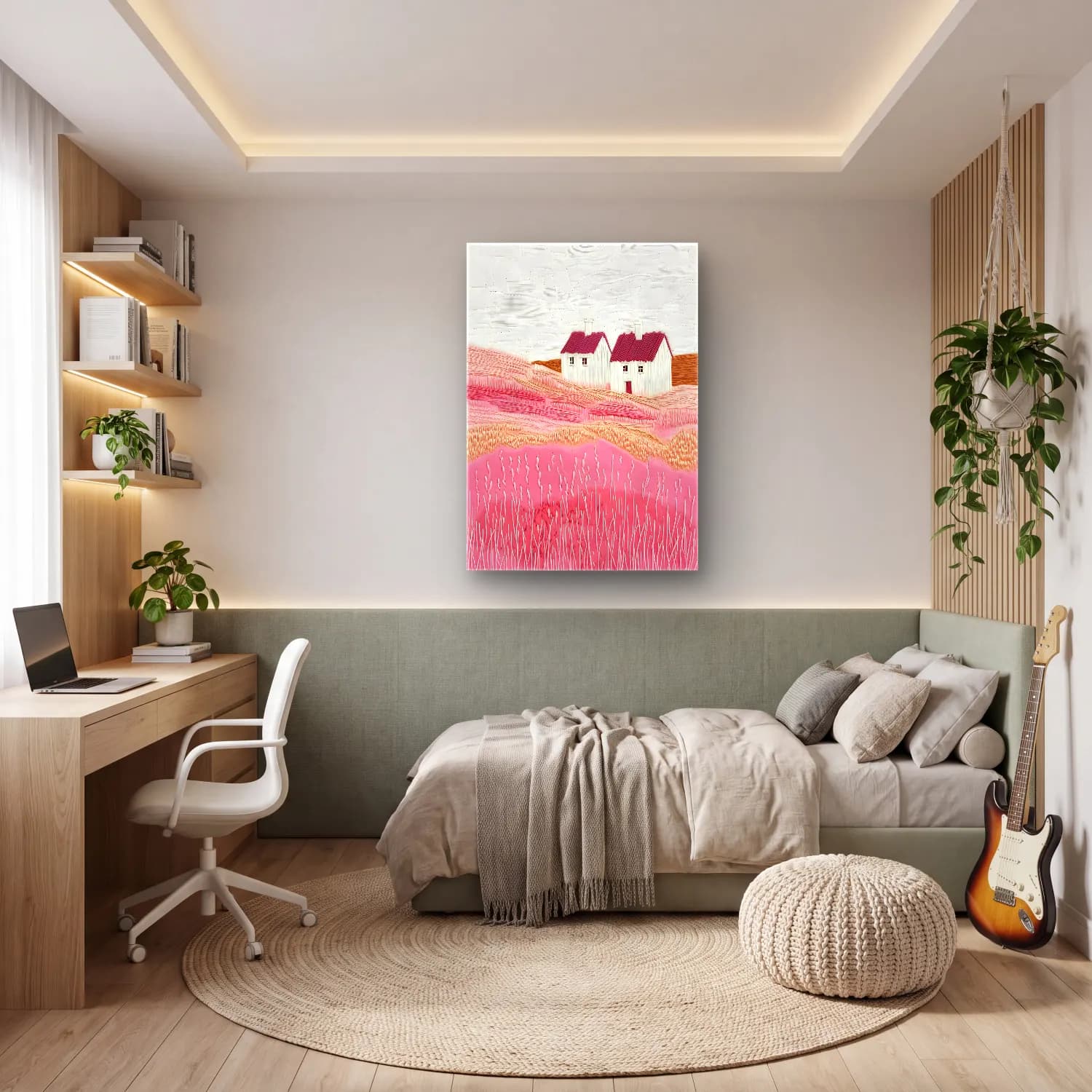 Modern Soyut Kır Evi – Pembe Tonlar cam tablo — genç odasında