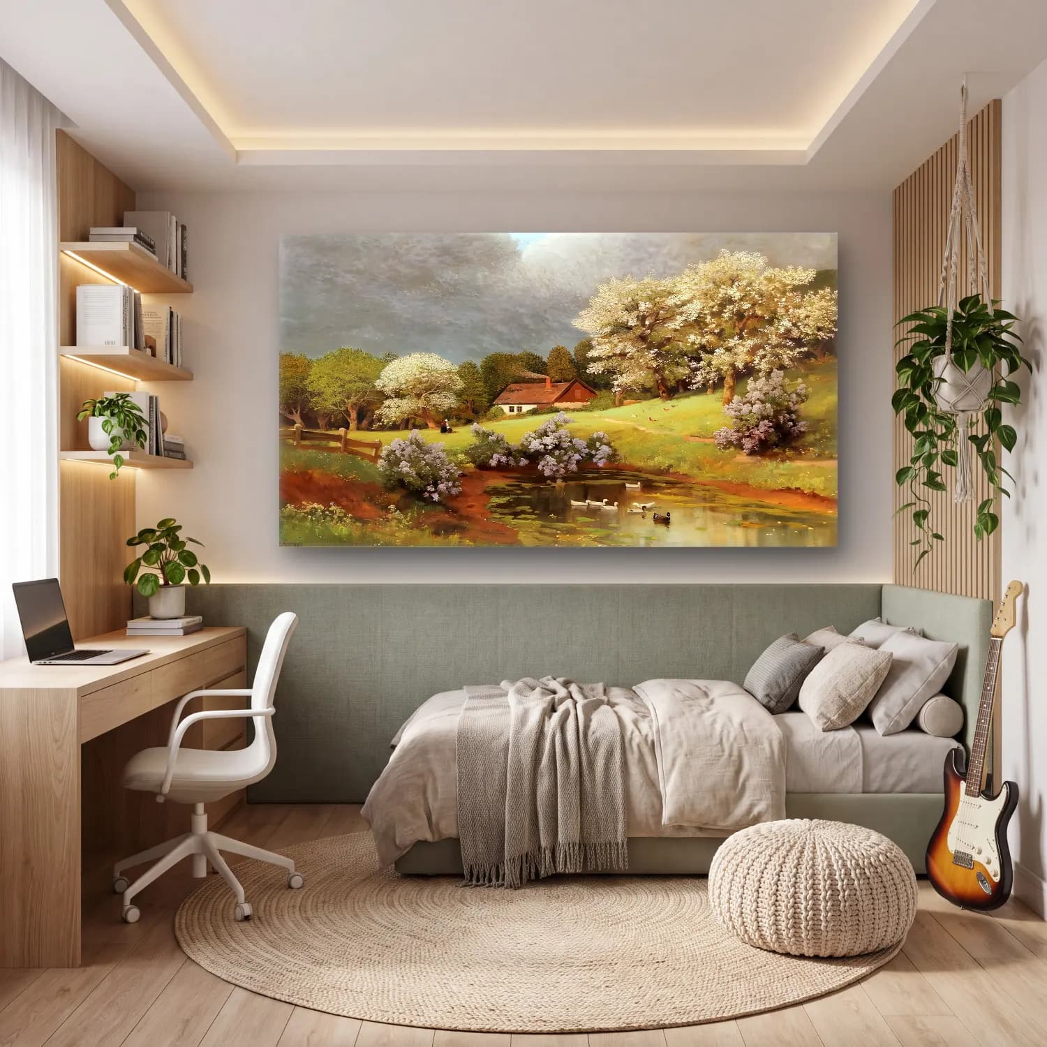 Yağlı Boya Kır Evi No. 11 cam tablo — genç odasında