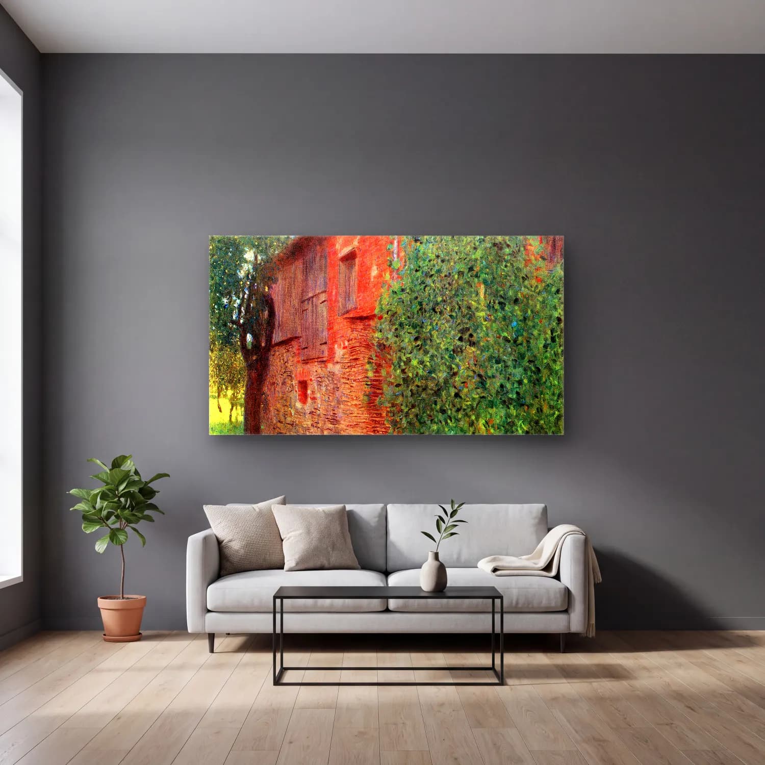 Gustav Klimt – Farmhouse in Chamber in Attersee cam tablo — gri duvarlı salonda