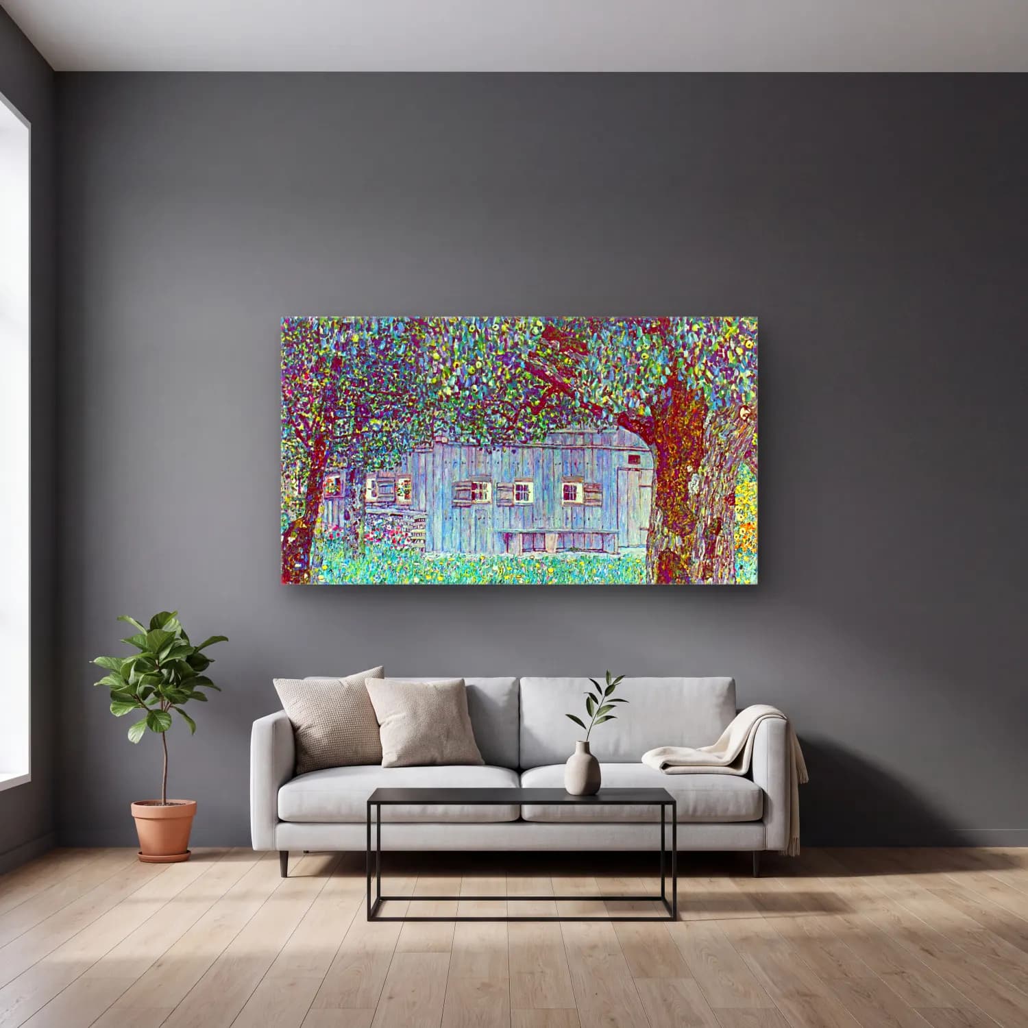 Gustav Klimt – Farmhouse in Upper Austria cam tablo — gri duvarlı salonda