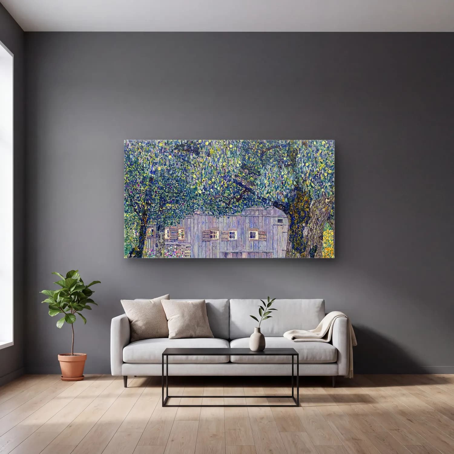 Gustav Klimt – Farmhouse in Upper Austria – Yeşil Tonlar cam tablo — gri duvarlı salonda