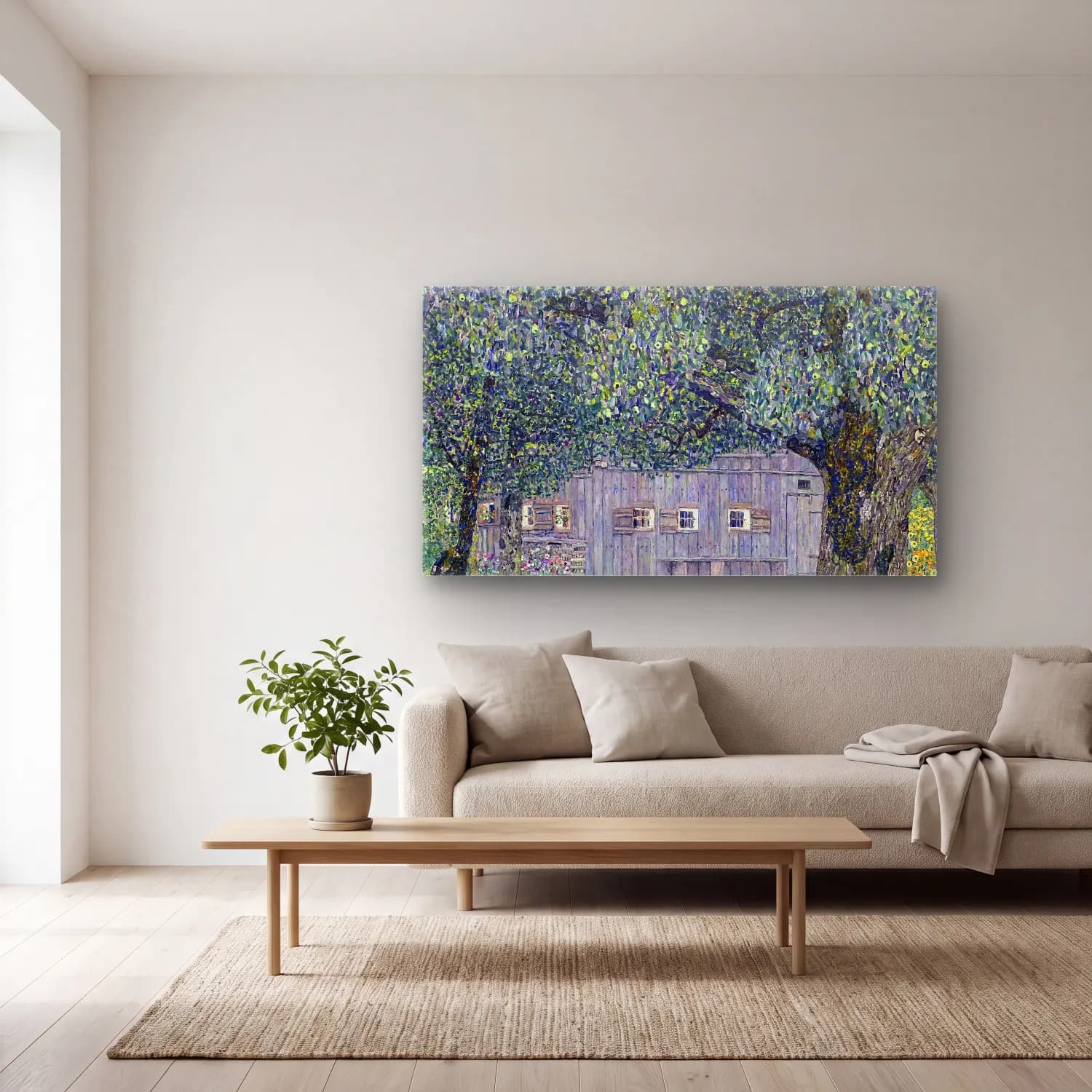 Gustav Klimt – Farmhouse in Upper Austria – Yeşil Tonlar cam tablo — açık renk salonda