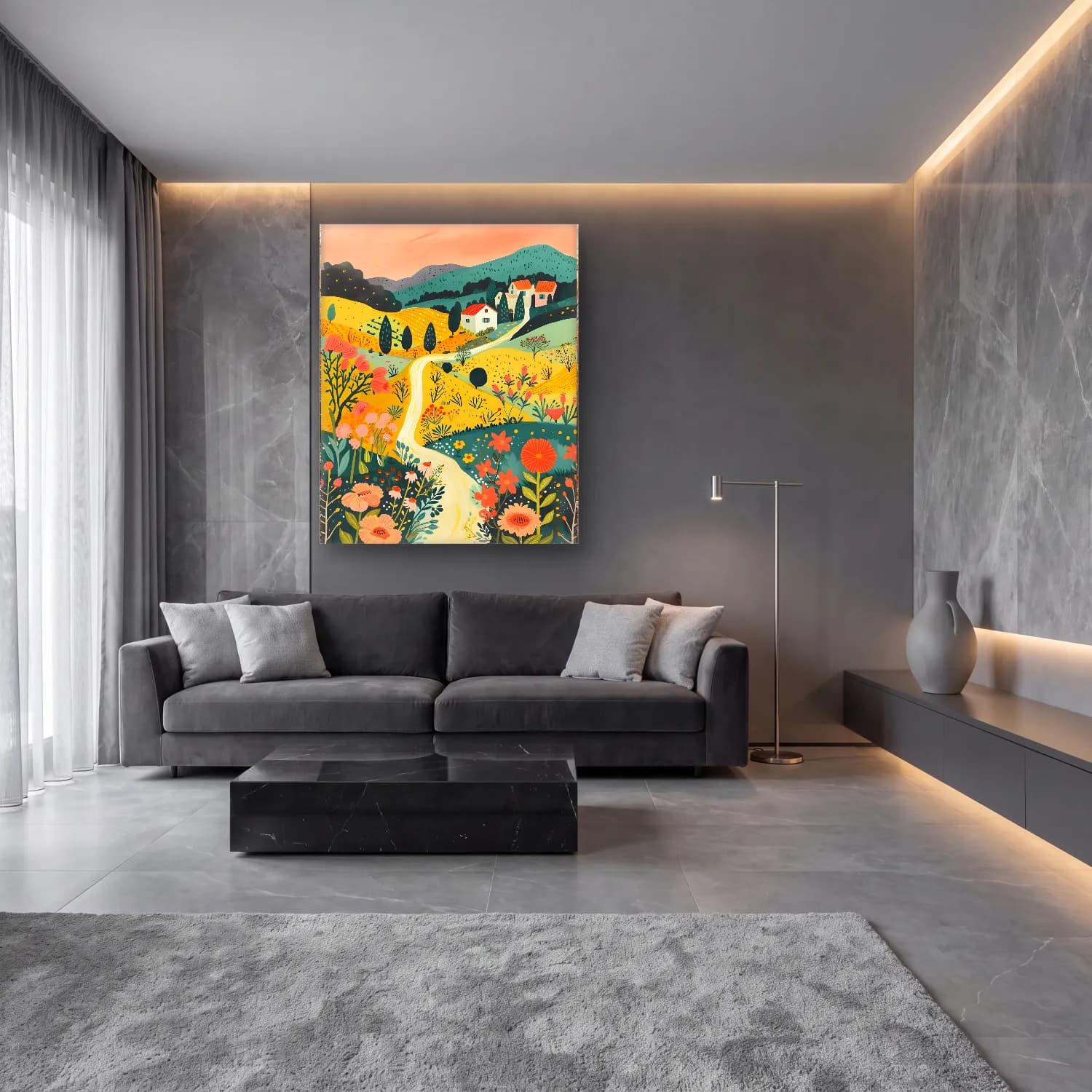 Pastel Kır Evi – Pastel Tonlar cam tablo — lüks salon duvarında