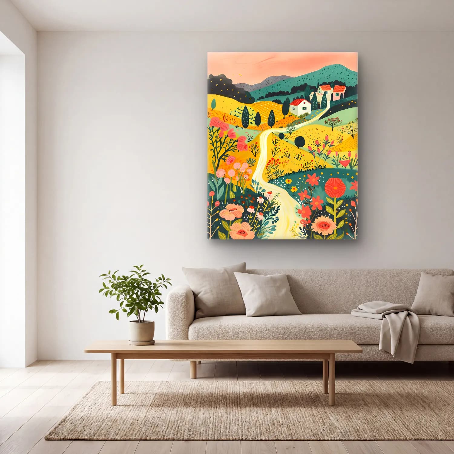 Pastel Kır Evi – Pastel Tonlar cam tablo — açık renk salonda