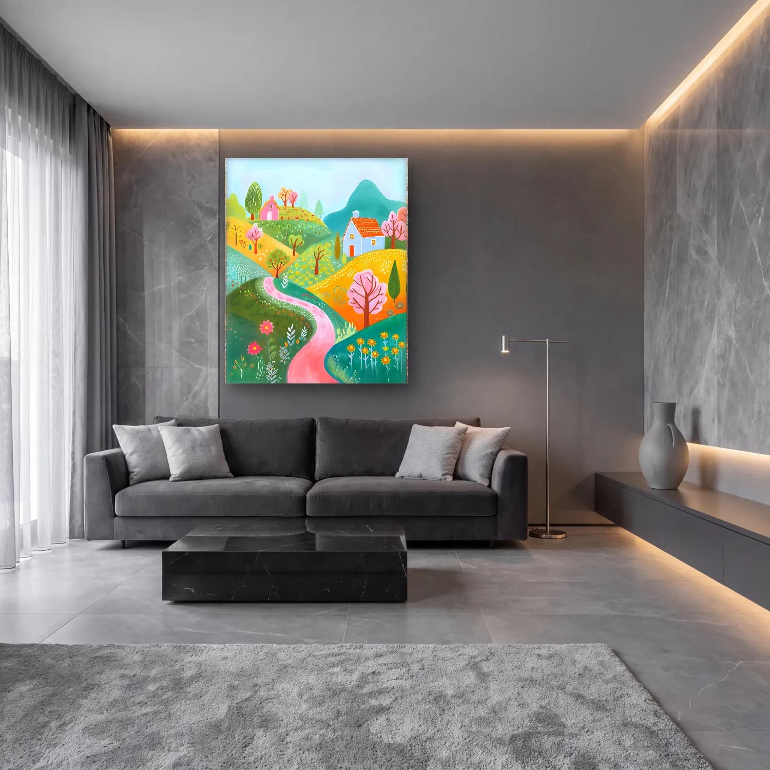 Pastel Kır Evi No. 3 cam tablo — lüks salon duvarında