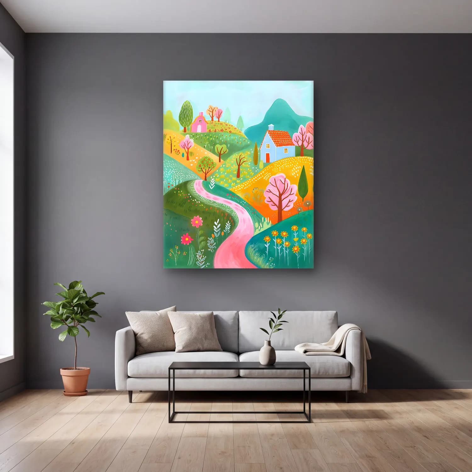Pastel Kır Evi No. 3 cam tablo — gri duvarlı salonda