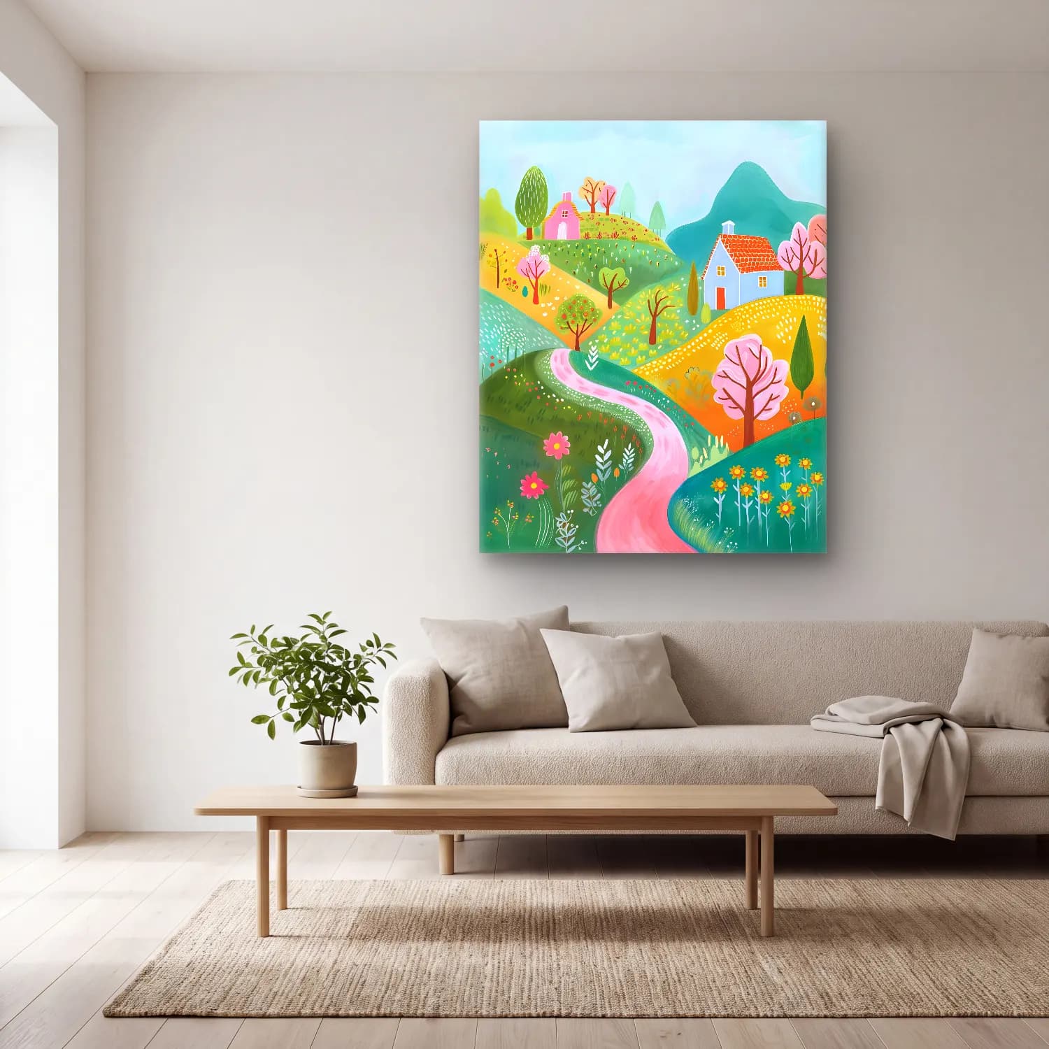 Pastel Kır Evi No. 3 cam tablo — açık renk salonda