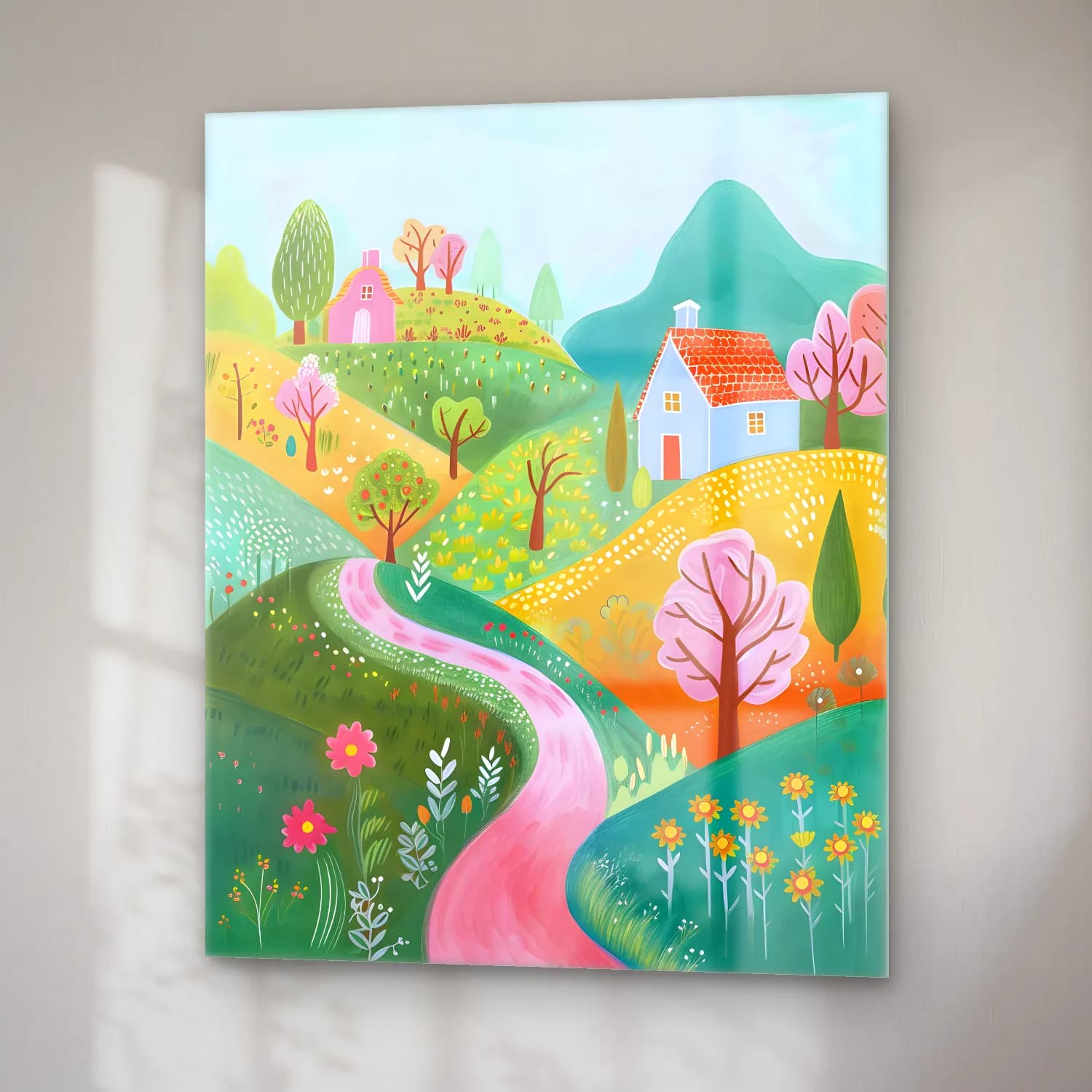 Pastel Kır Evi No. 3 cam tablo — sağ açıdan görünüm