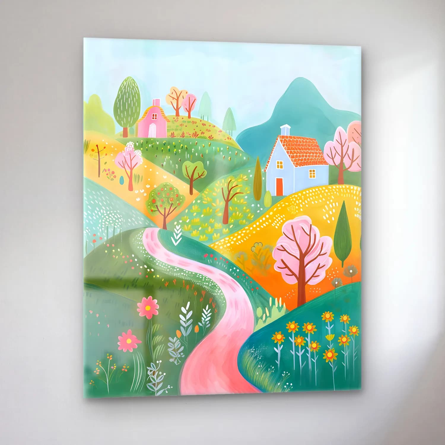 Pastel Kır Evi No. 3 cam tablo — sol açıdan görünüm