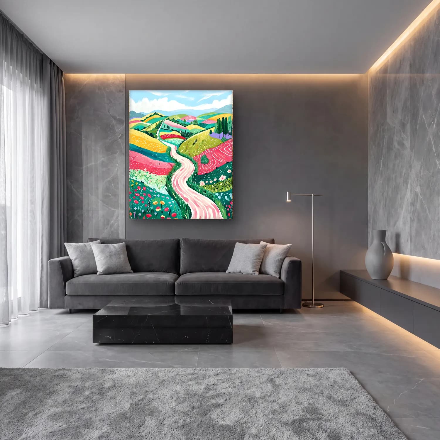 Pastel Kırda Nehir – Pastel Tonlar cam tablo — lüks salon duvarında