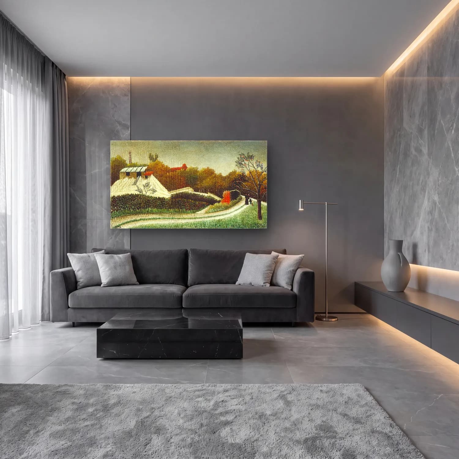Yağlı Boya Kır Evi No. 50 cam tablo — lüks salon duvarında