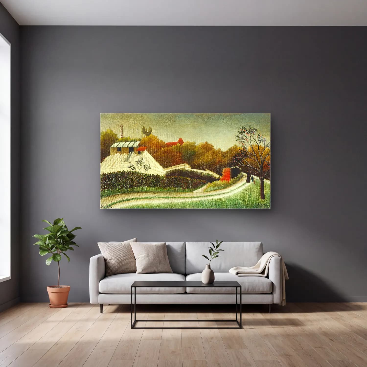 Yağlı Boya Kır Evi No. 50 cam tablo — gri duvarlı salonda