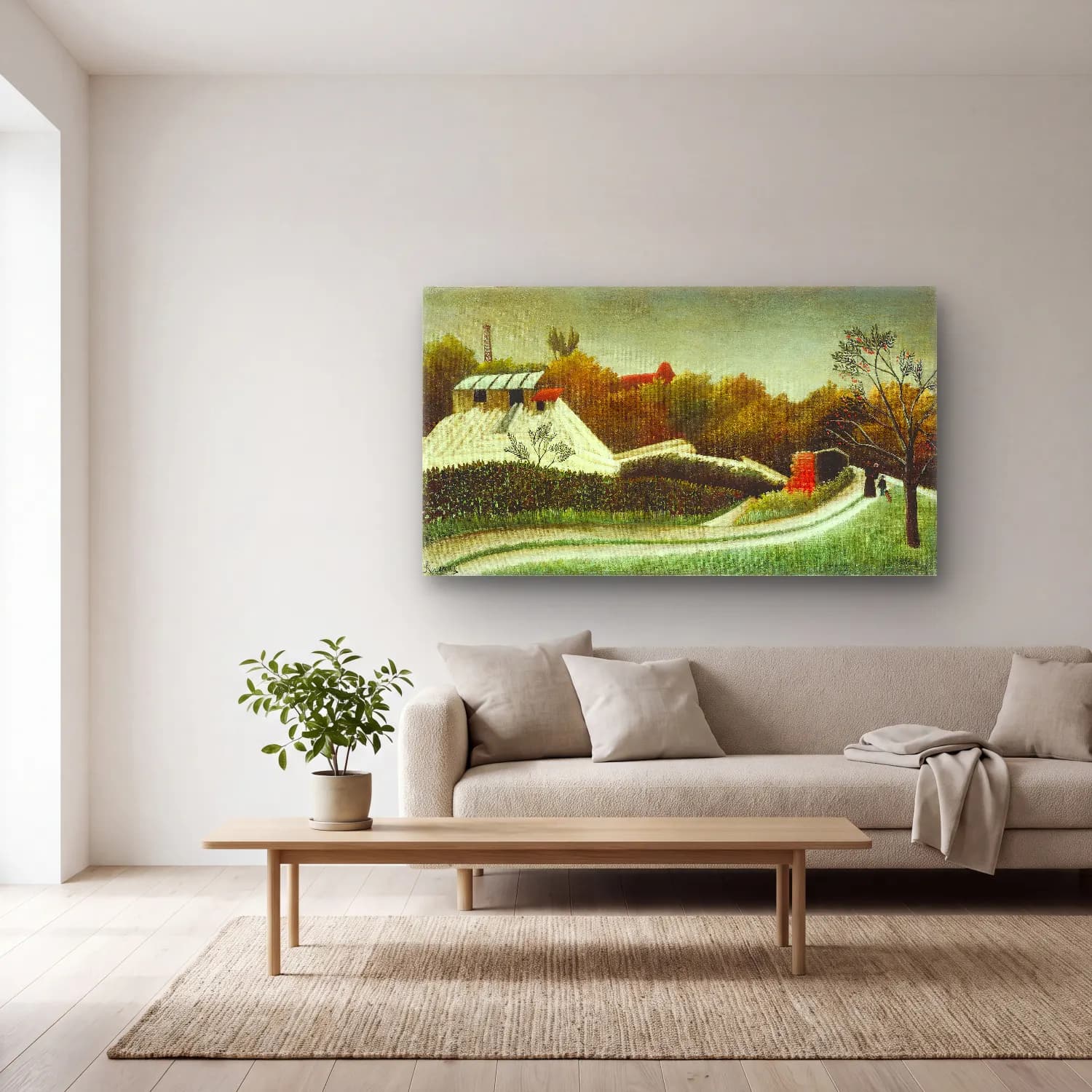 Yağlı Boya Kır Evi No. 50 cam tablo — açık renk salonda