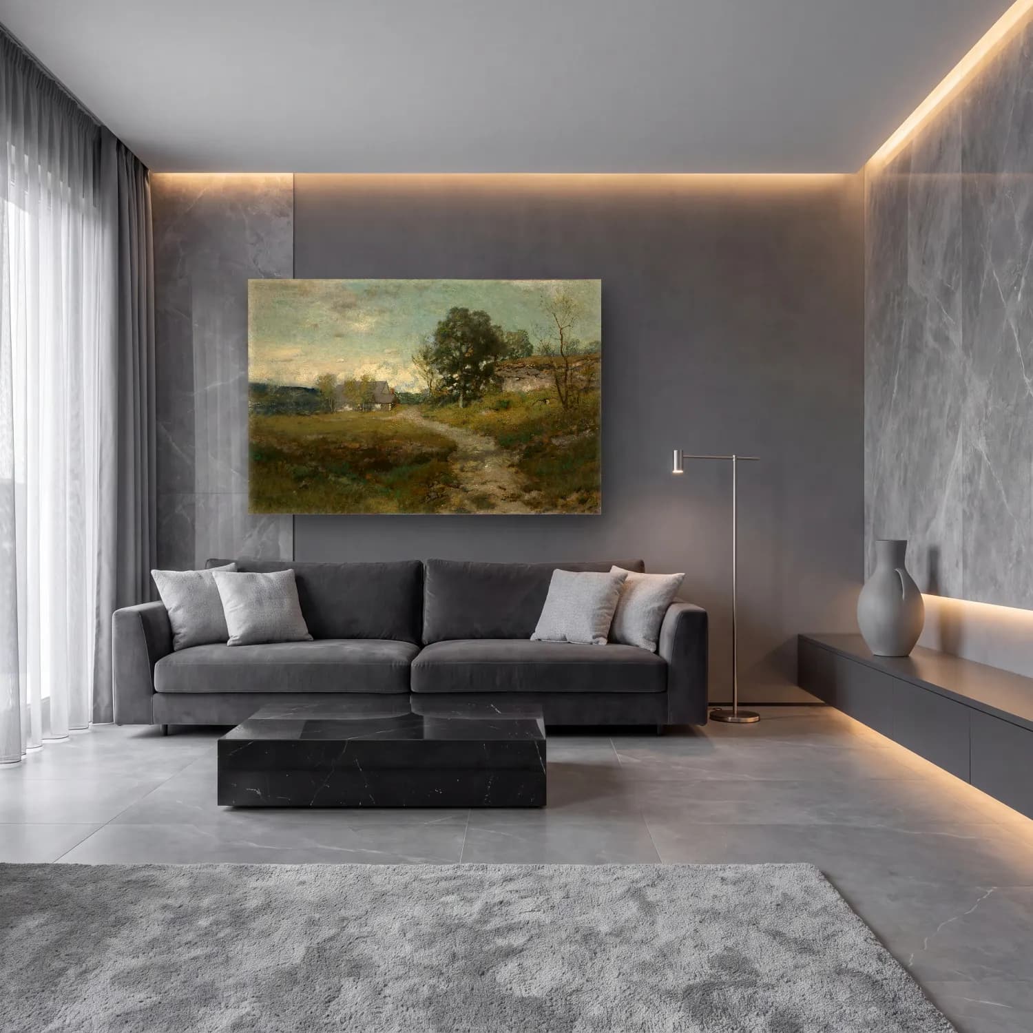 Empresyonist Kır Evi No. 28 cam tablo — lüks salon duvarında
