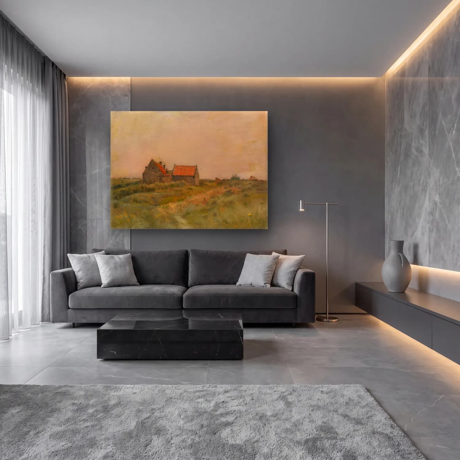Yağlı Boya Kır Evi No. 54 cam tablo — lüks salon duvarında