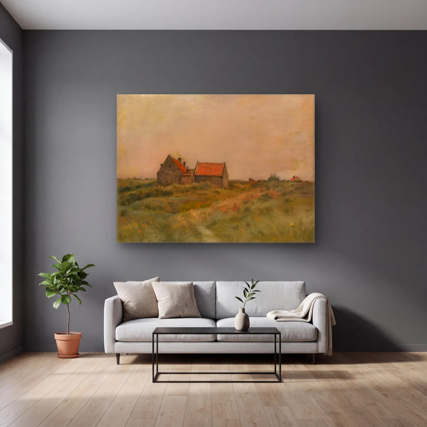 Yağlı Boya Kır Evi No. 54 cam tablo — gri duvarlı salonda