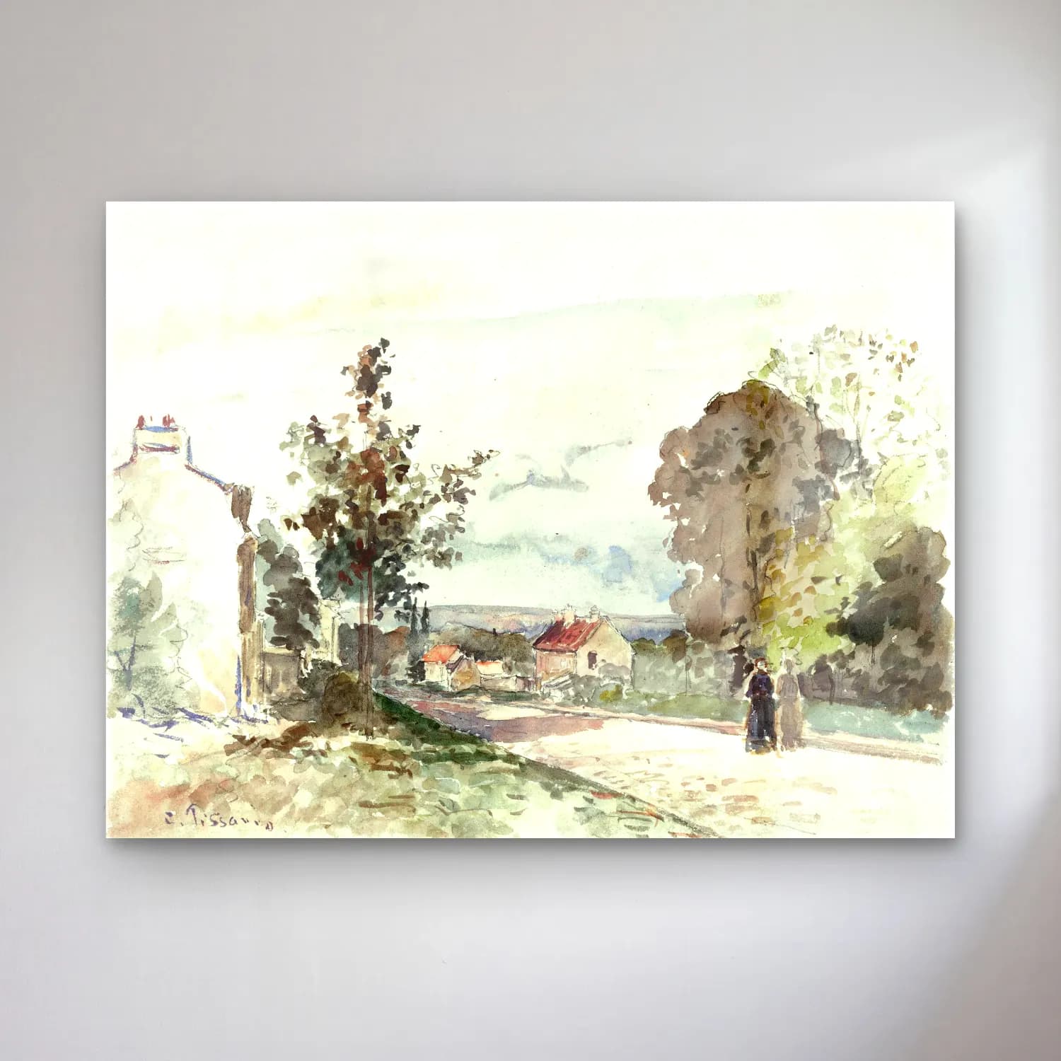 Camille Pissarro – The Road from Versailles to Louveciennes (ca. 1872) cam tablo — Camille Pissarro – The Road from Versailles to Louveciennes (ca. 1872) — suluboya köy sokağı