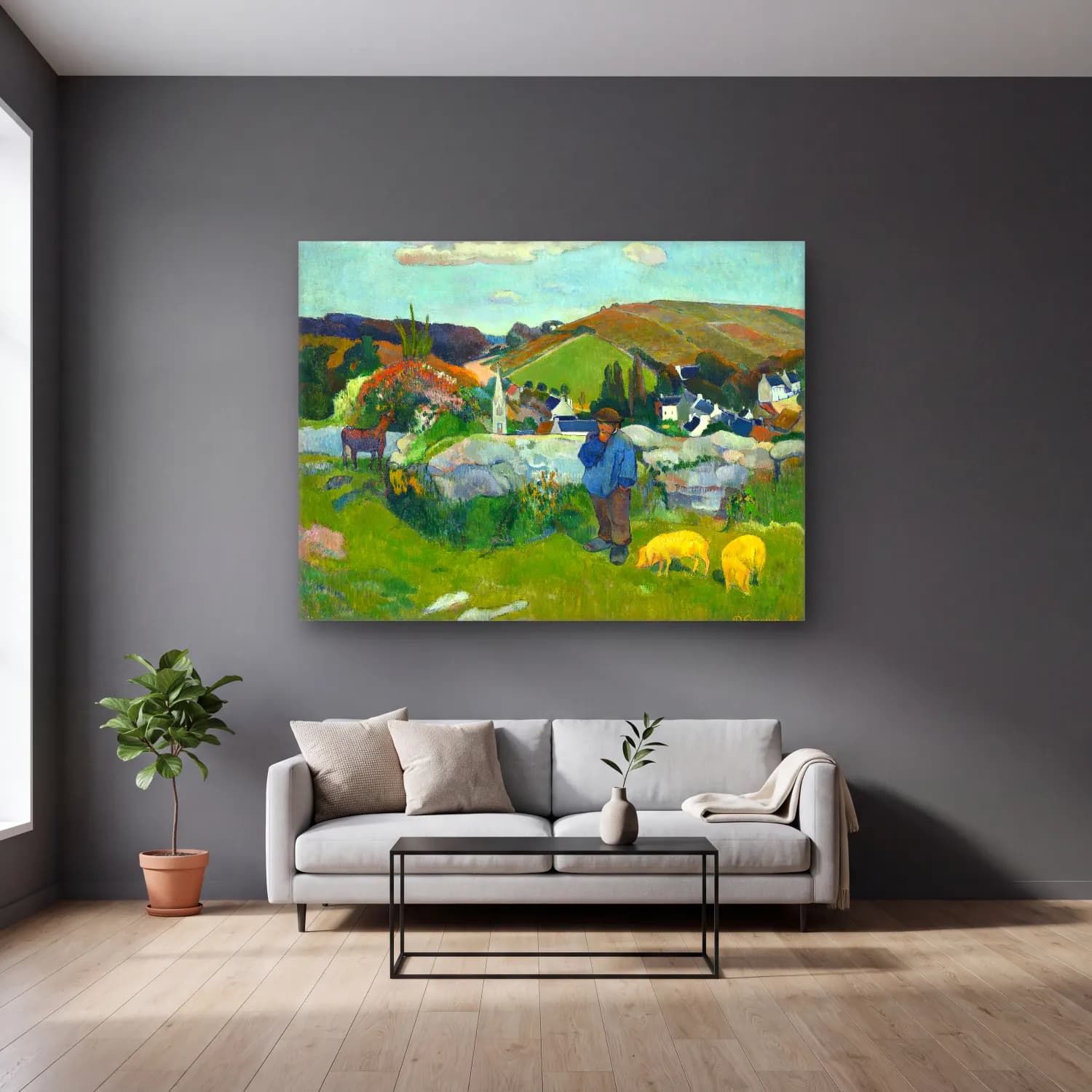 Paul Gauguin – The Swineherd cam tablo — gri duvarlı salonda