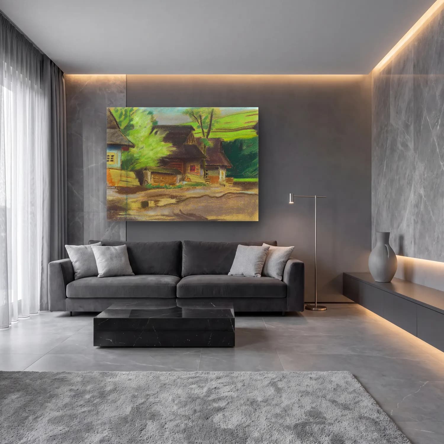 Yağlı Boya Kır Evi No. 55 cam tablo — lüks salon duvarında