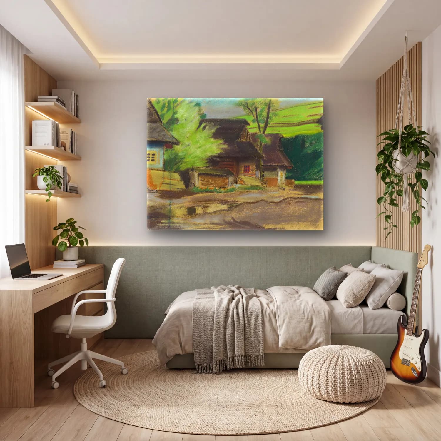 Yağlı Boya Kır Evi No. 55 cam tablo — genç odasında