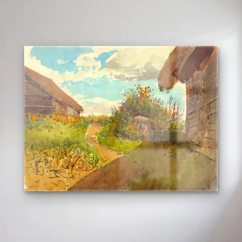 László Mednyánszky – Landscape between haylofts cam tablo — László Mednyánszky – Landscape between haylofts — suluboya kır evi