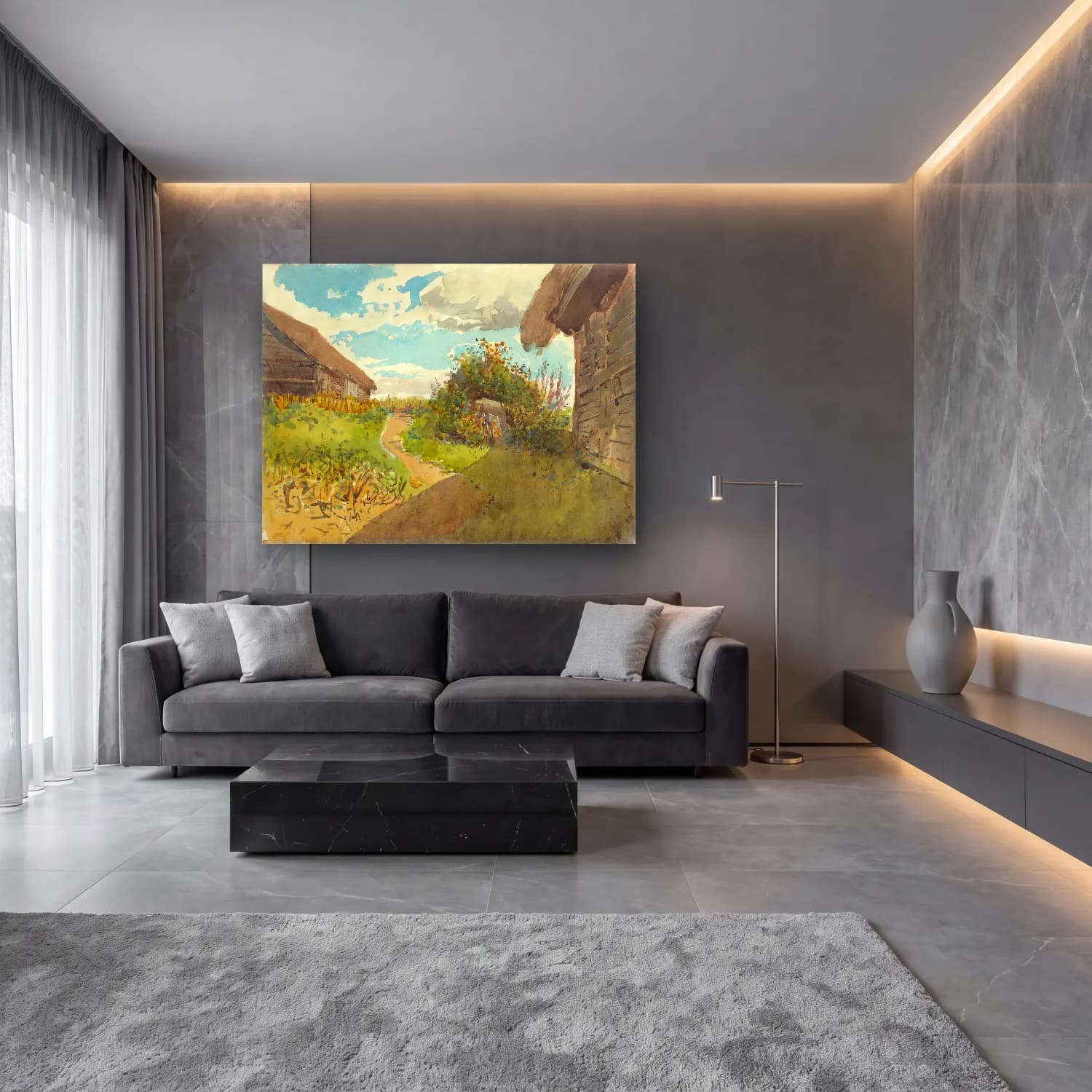 László Mednyánszky – Landscape between haylofts cam tablo — lüks salon duvarında