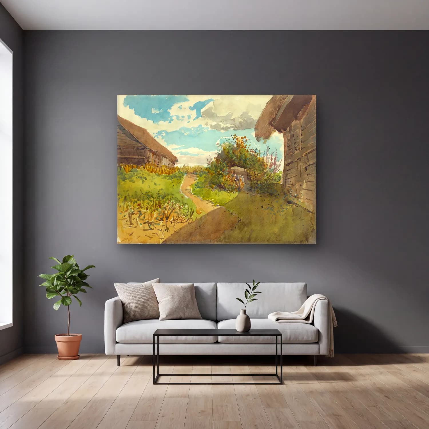 László Mednyánszky – Landscape between haylofts cam tablo — gri duvarlı salonda