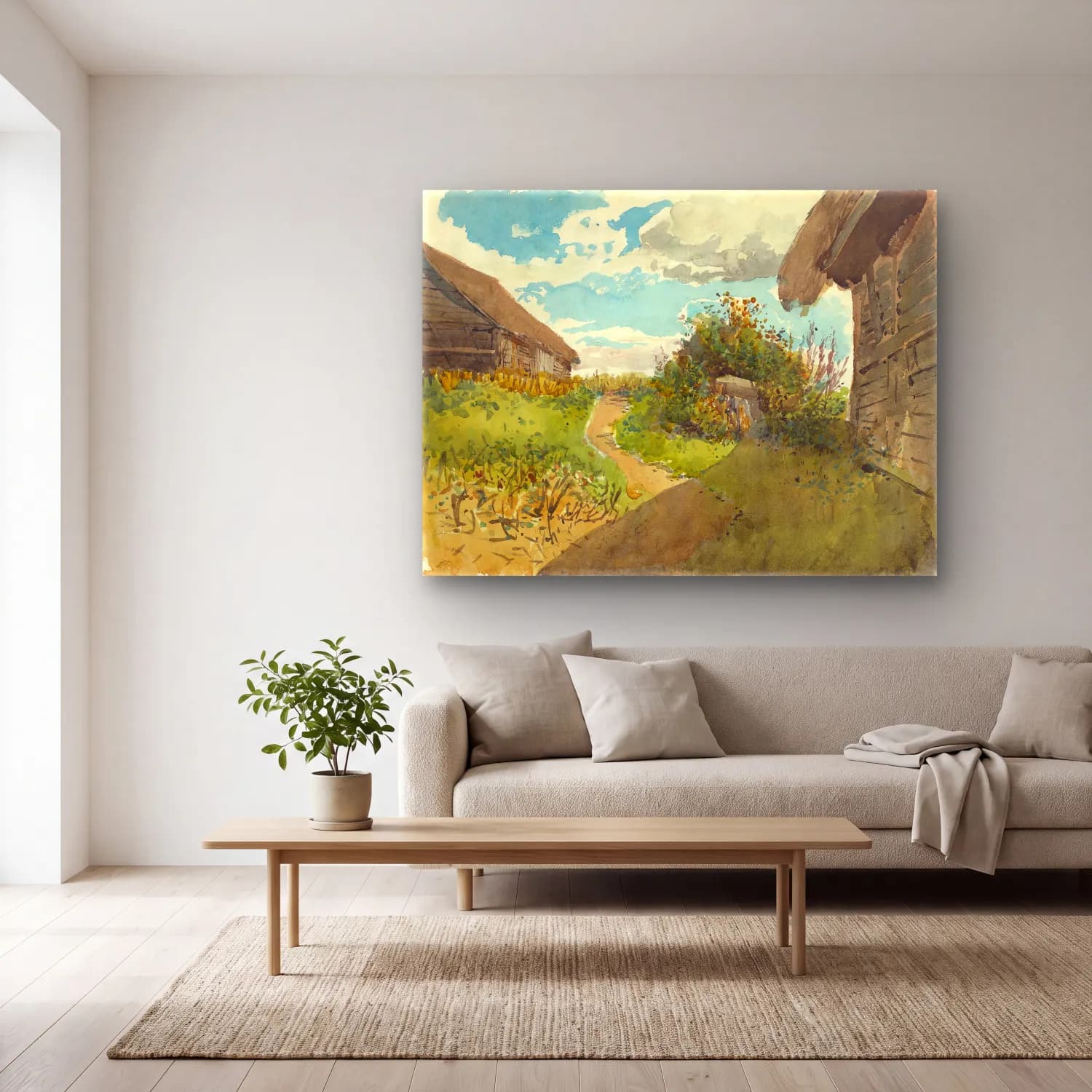 László Mednyánszky – Landscape between haylofts cam tablo — açık renk salonda