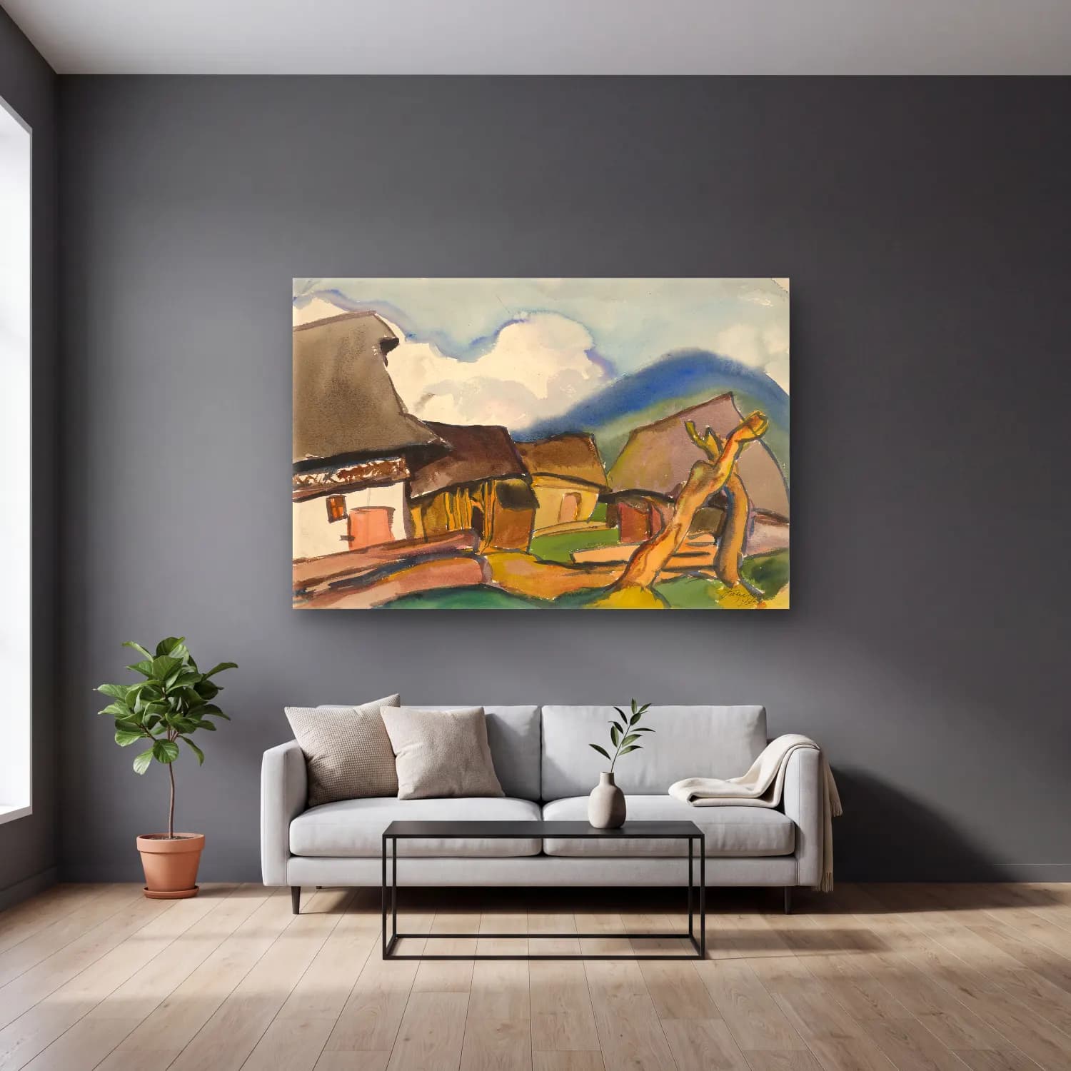 Zolo Palugyay – Village cam tablo — gri duvarlı salonda