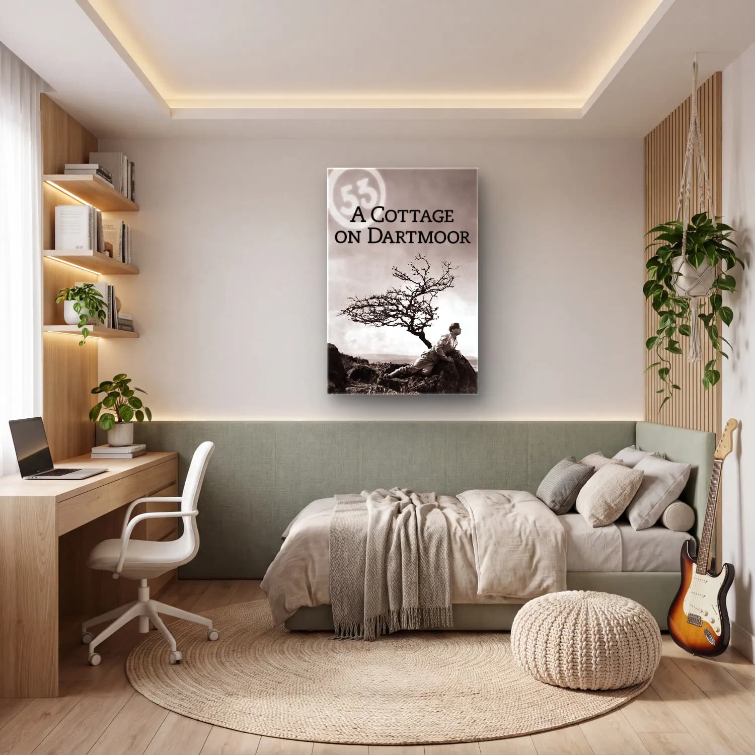 Vintage Poster Kır Evi – Siyah Beyaz Tonlar cam tablo — genç odasında