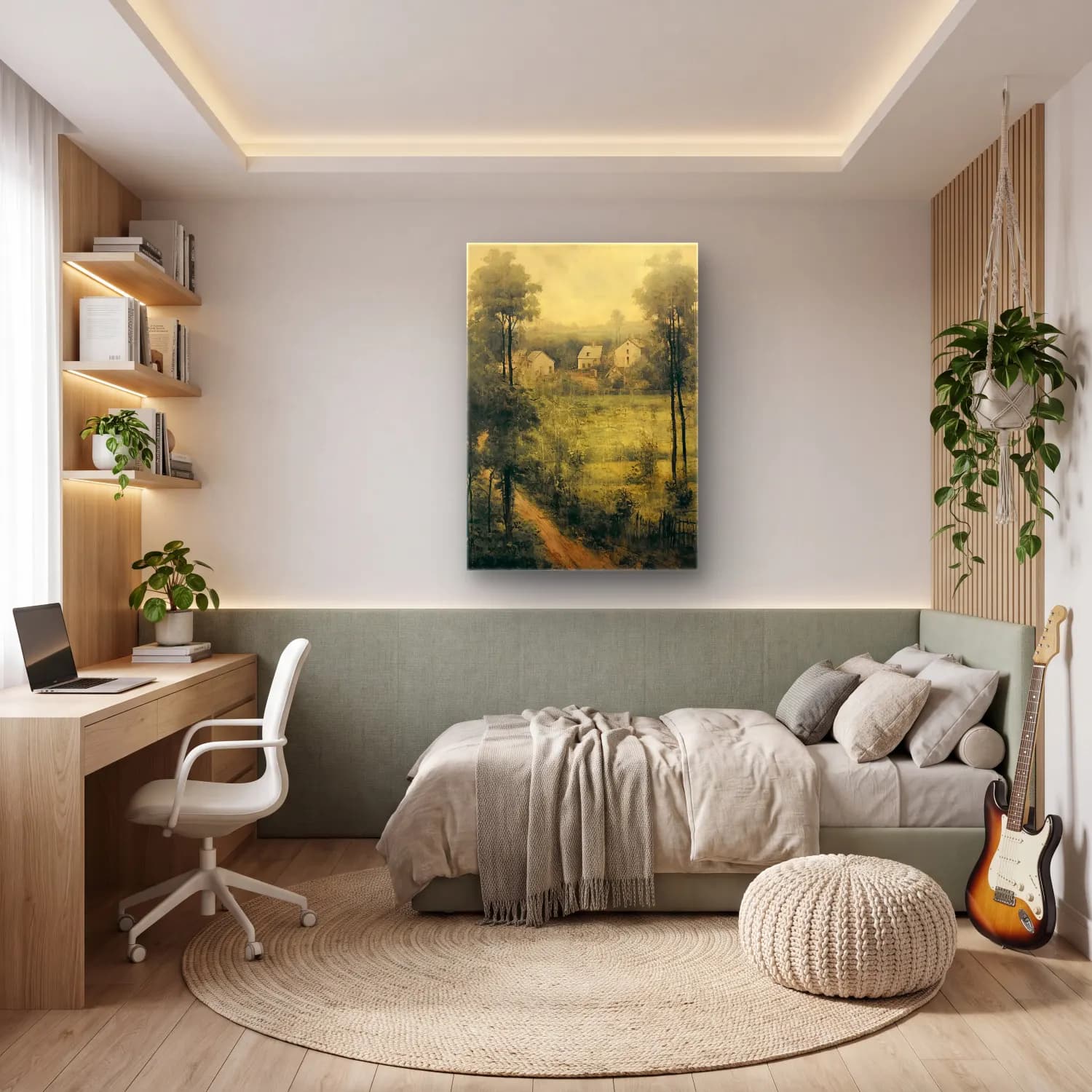 Suluboya Kır Evi No. 28 cam tablo — genç odasında