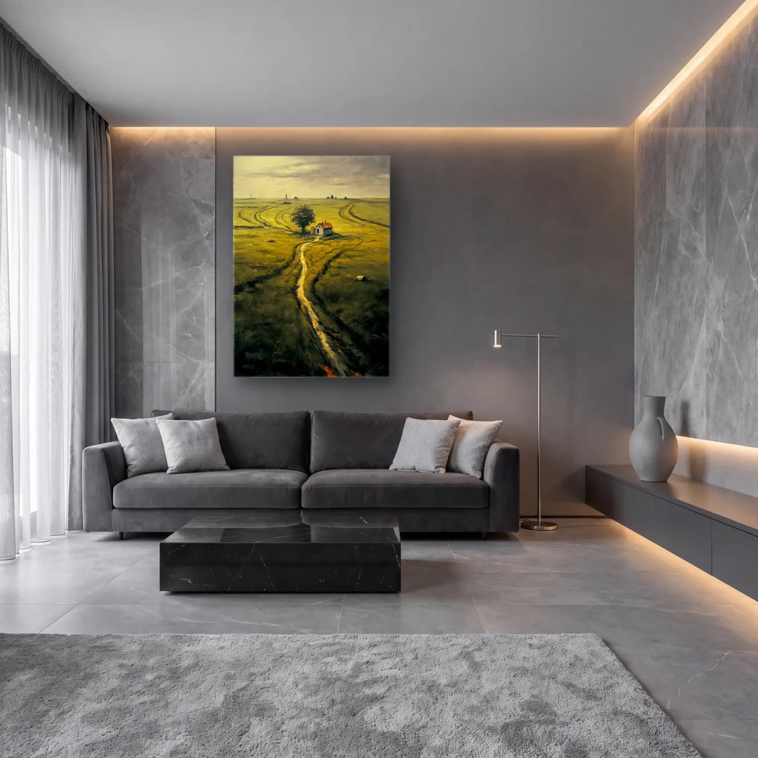 Yağlı Boya Kır Evi No. 68 cam tablo — lüks salon duvarında