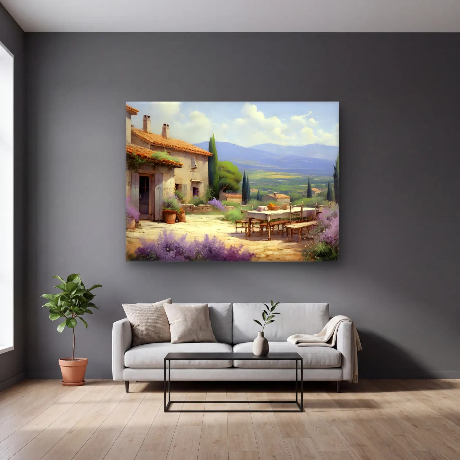 Yağlı Boya Kır Evi No. 71 cam tablo — gri duvarlı salonda