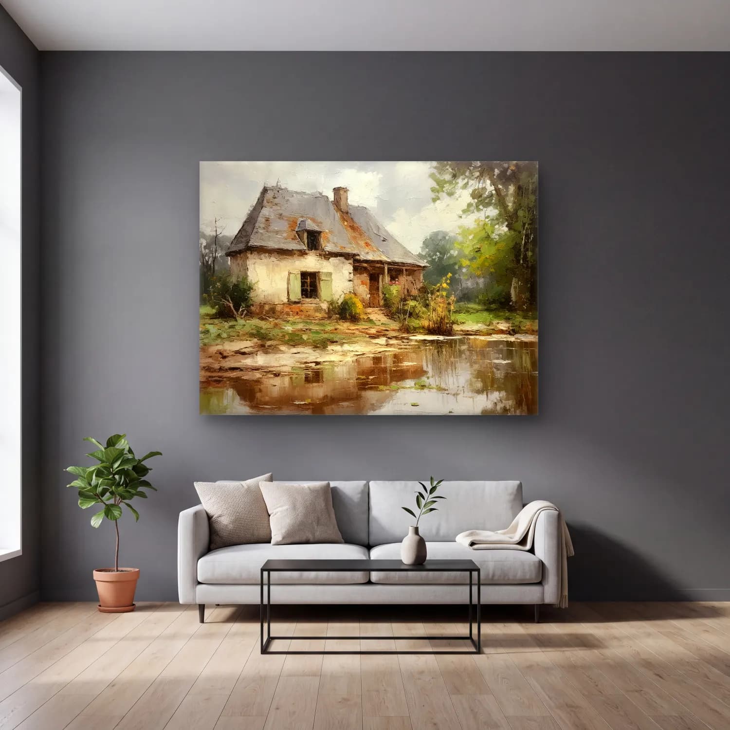Yağlı Boya Kır Evi No. 72 cam tablo — gri duvarlı salonda