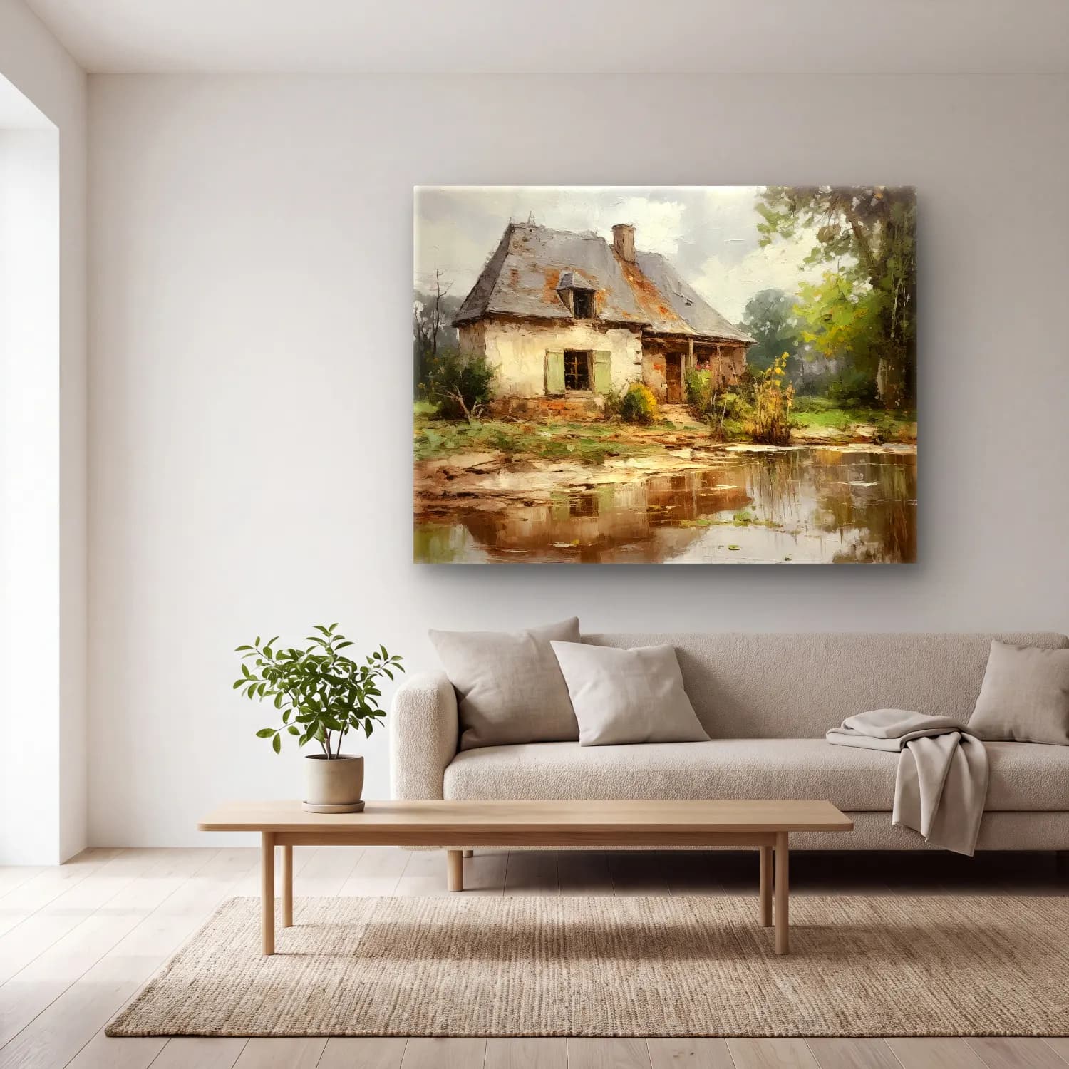 Yağlı Boya Kır Evi No. 72 cam tablo — açık renk salonda
