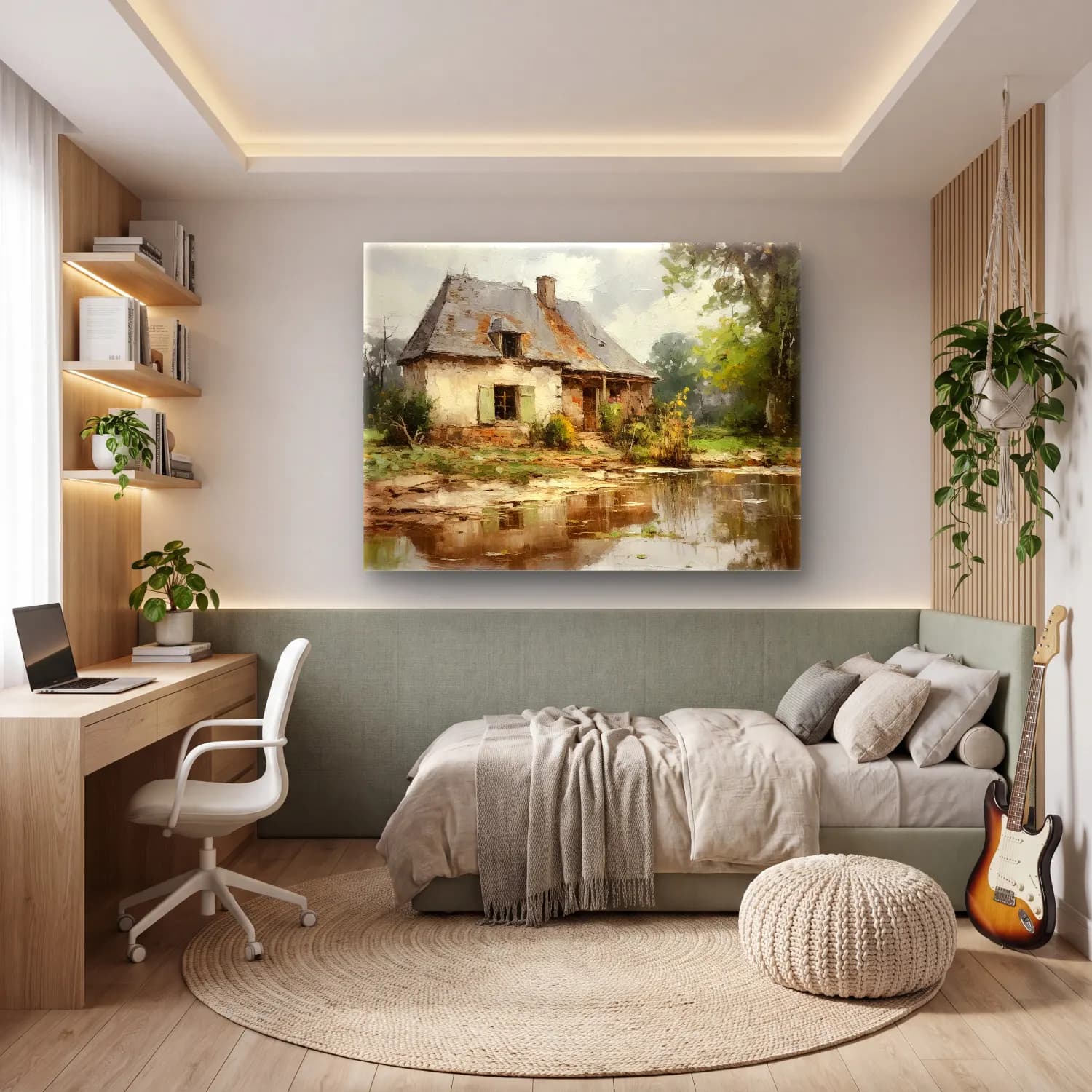 Yağlı Boya Kır Evi No. 72 cam tablo — genç odasında