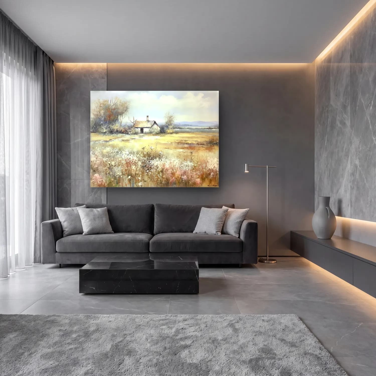 Yağlı Boya Kır Evi No. 75 cam tablo — lüks salon duvarında