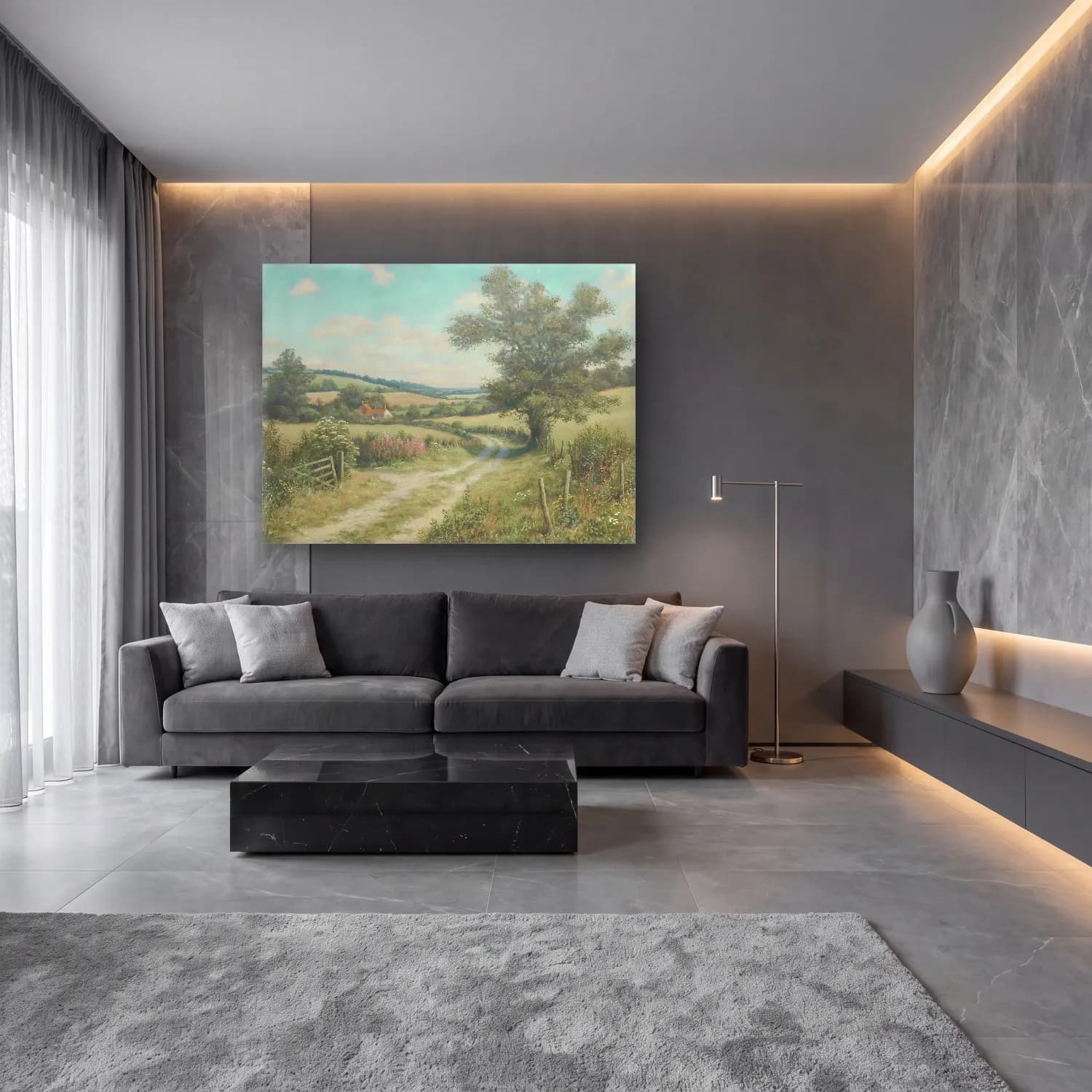 Yağlı Boya Kır Evi No. 76 cam tablo — lüks salon duvarında