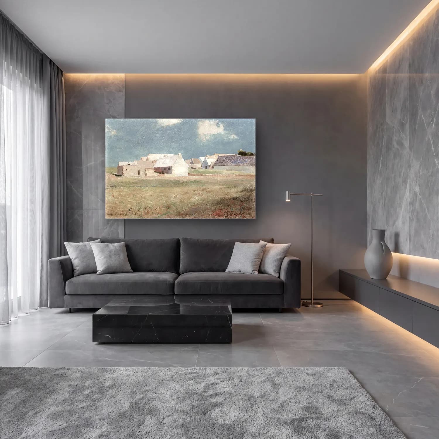 Empresyonist Kır Evi No. 52 cam tablo — lüks salon duvarında