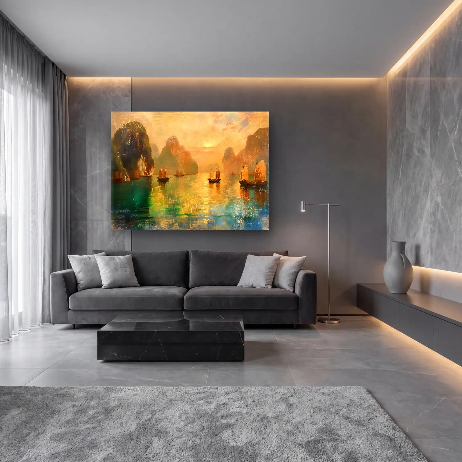Yağlı Boya Yelkenliler – Pastel Tonlar cam tablo — lüks salon duvarında