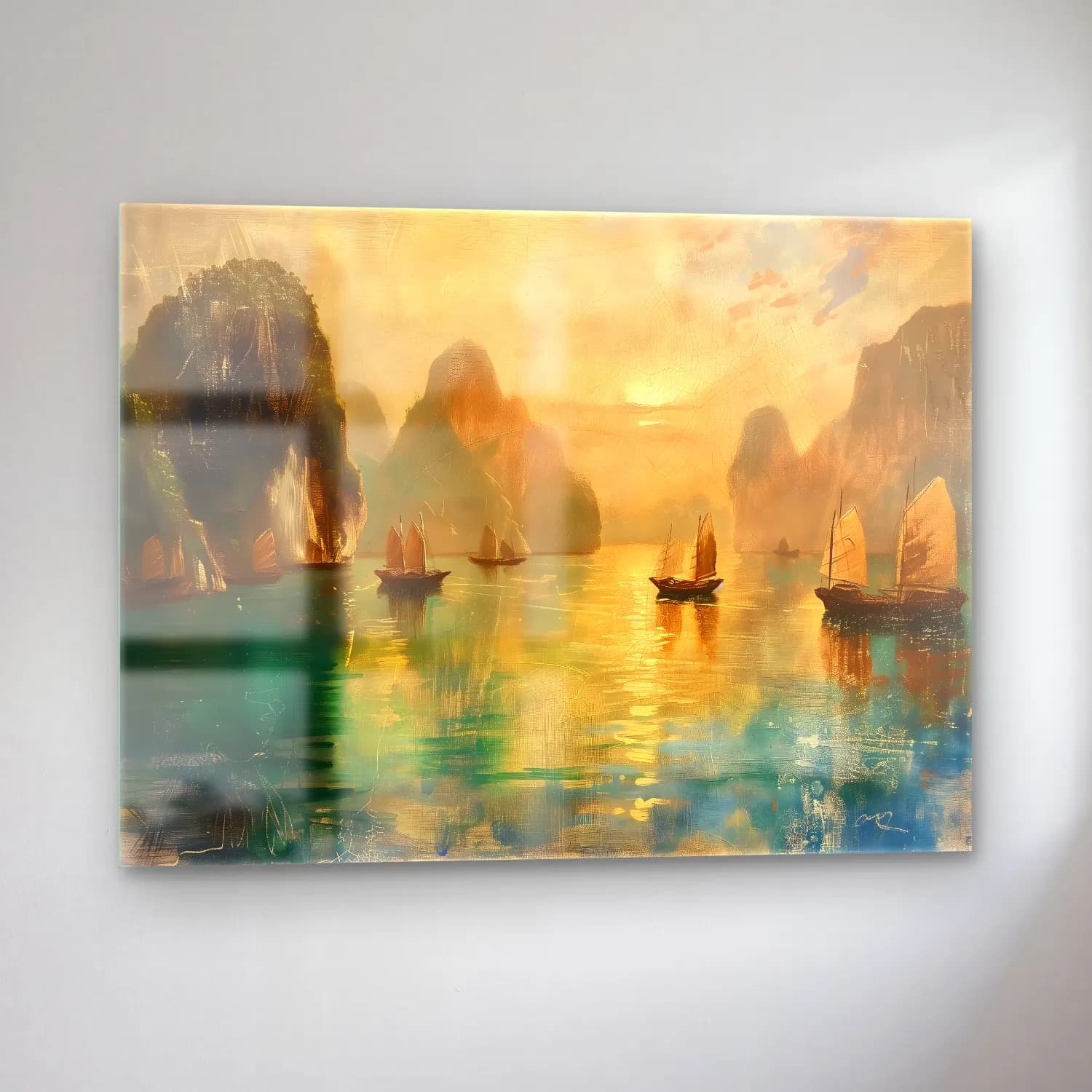 Yağlı Boya Yelkenliler – Pastel Tonlar cam tablo — sol açıdan görünüm