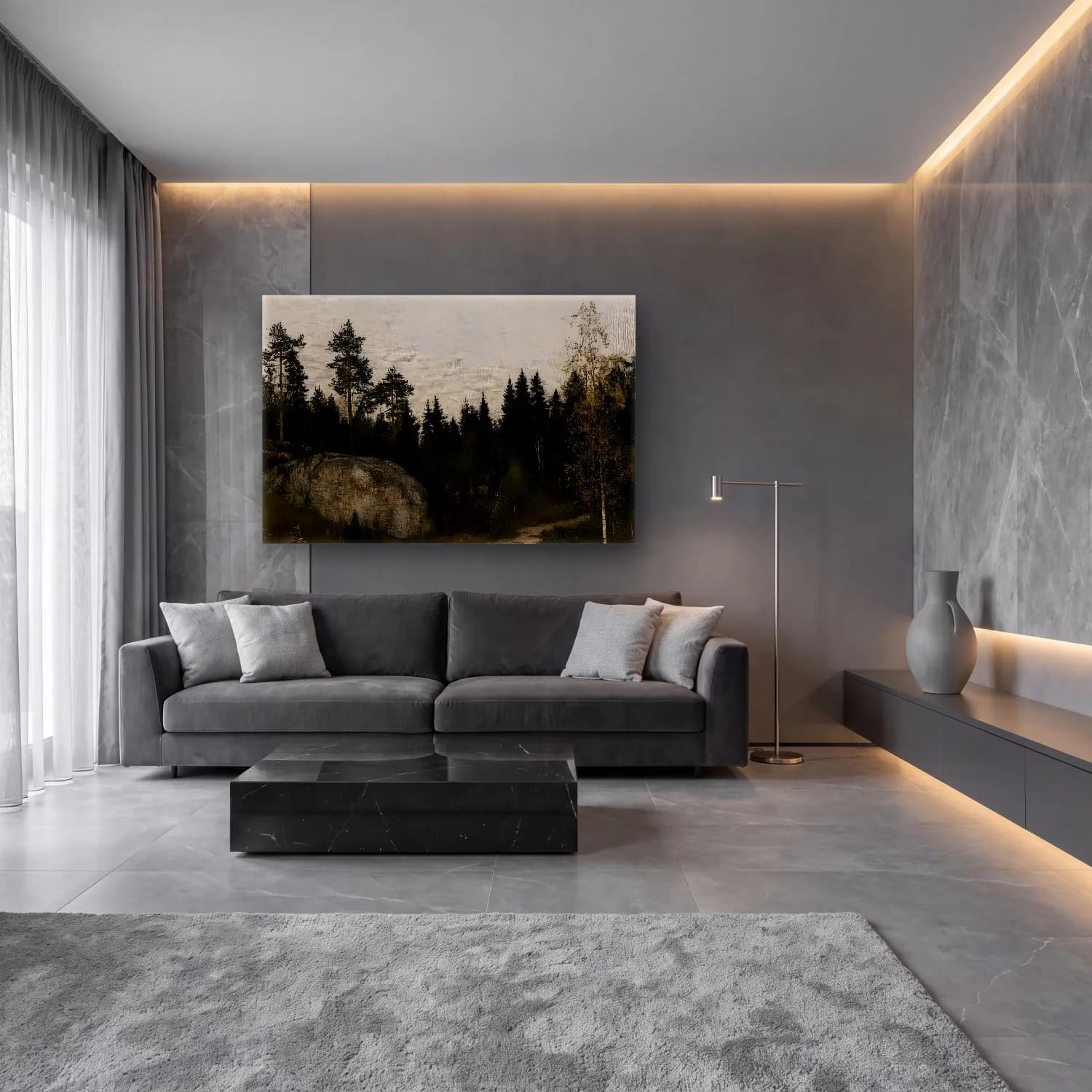 Yağlı Boya Orman – Siyah Beyaz Tonlar cam tablo — lüks salon duvarında