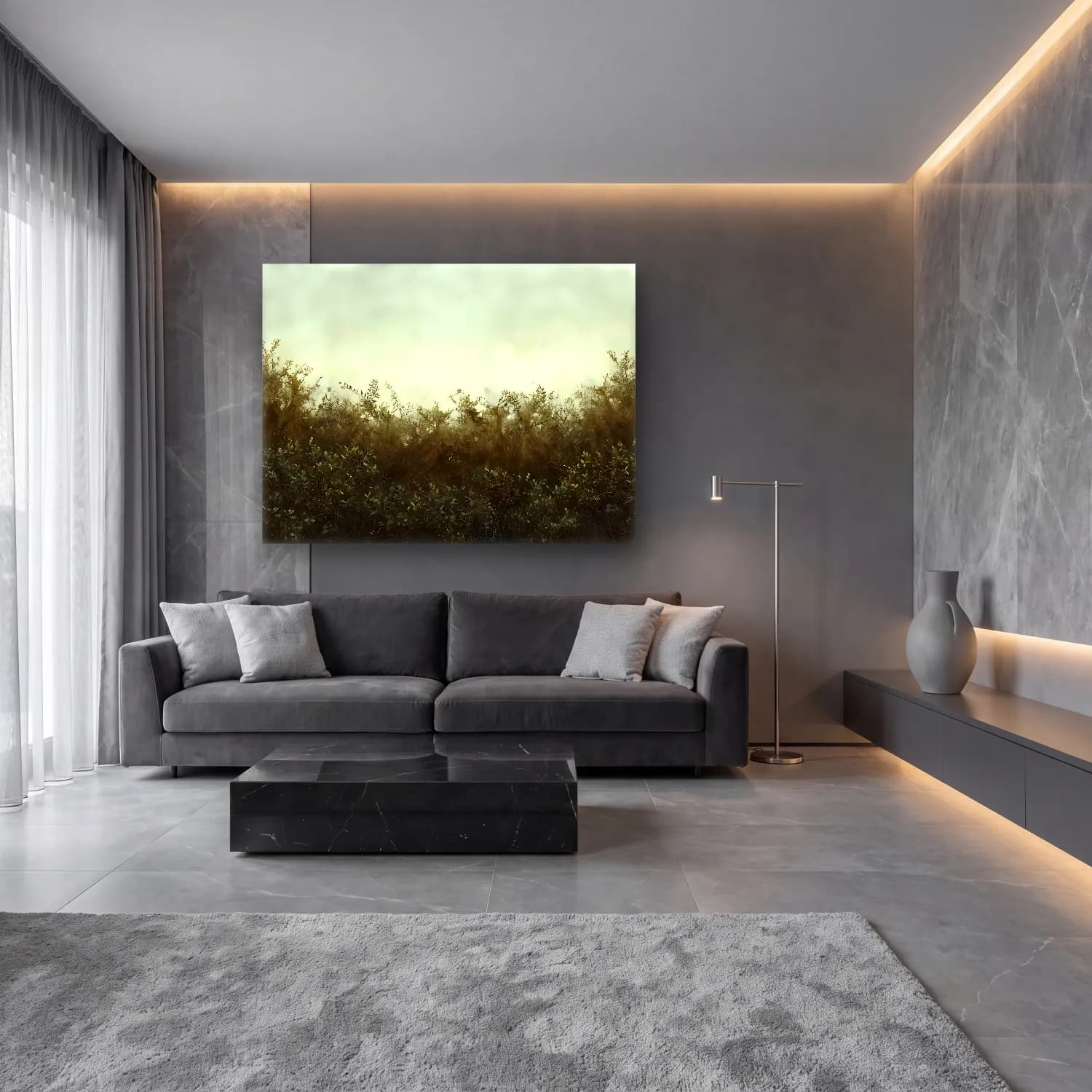 Suluboya Sisli Orman No. 5 cam tablo — lüks salon duvarında