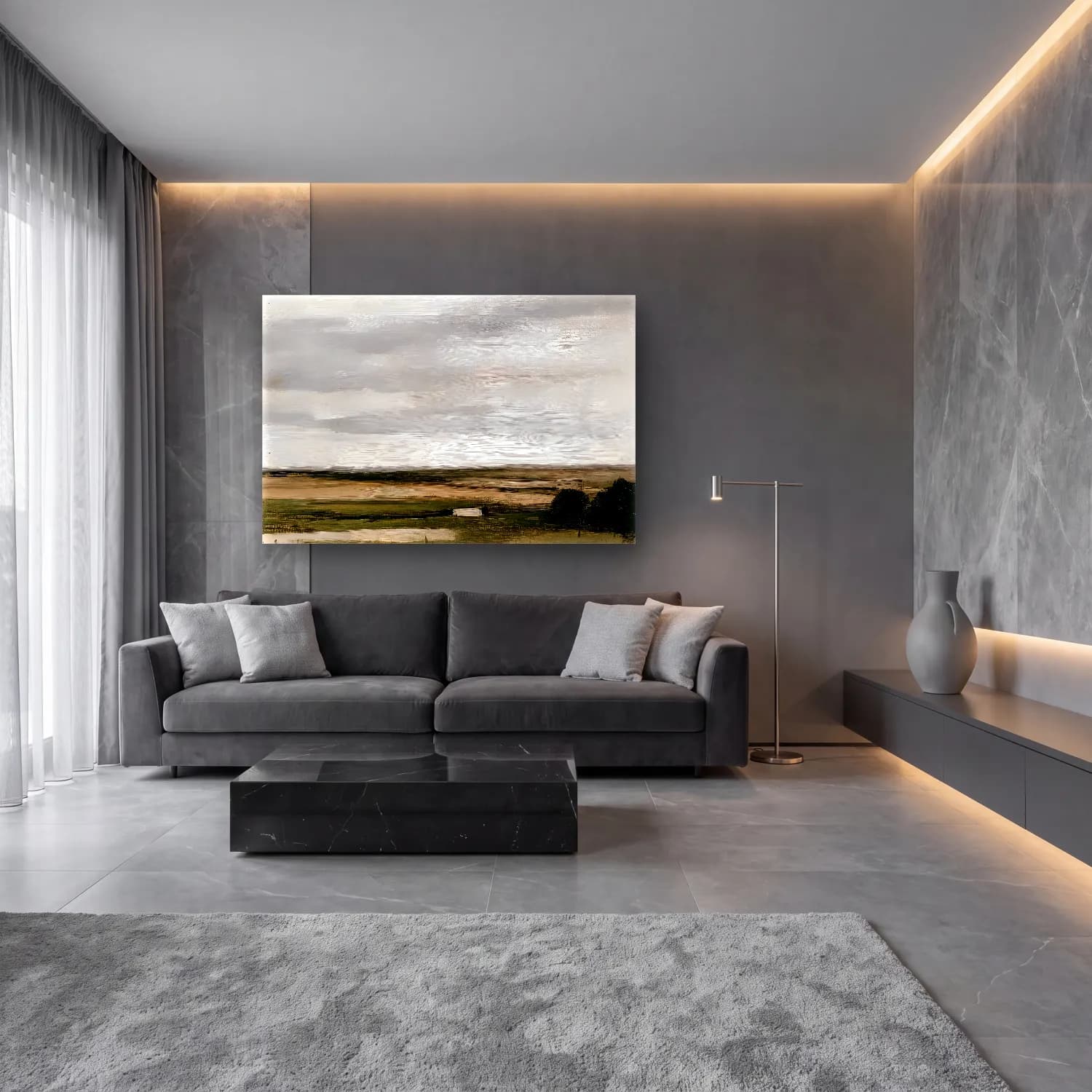 Yağlı Boya Kır Evi No. 30 cam tablo — lüks salon duvarında
